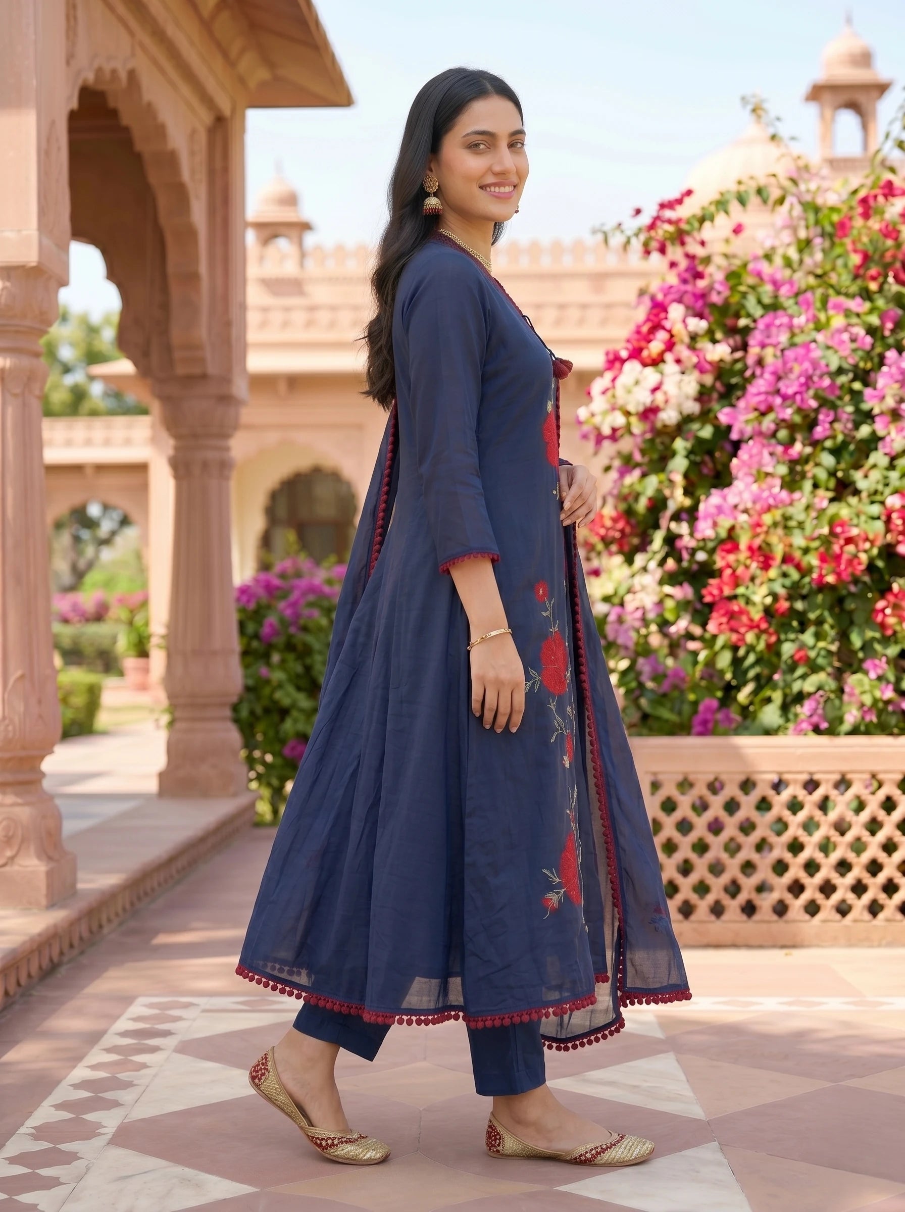 NAVY FLORAL THREADWORK MUL COTTON SUIT SET