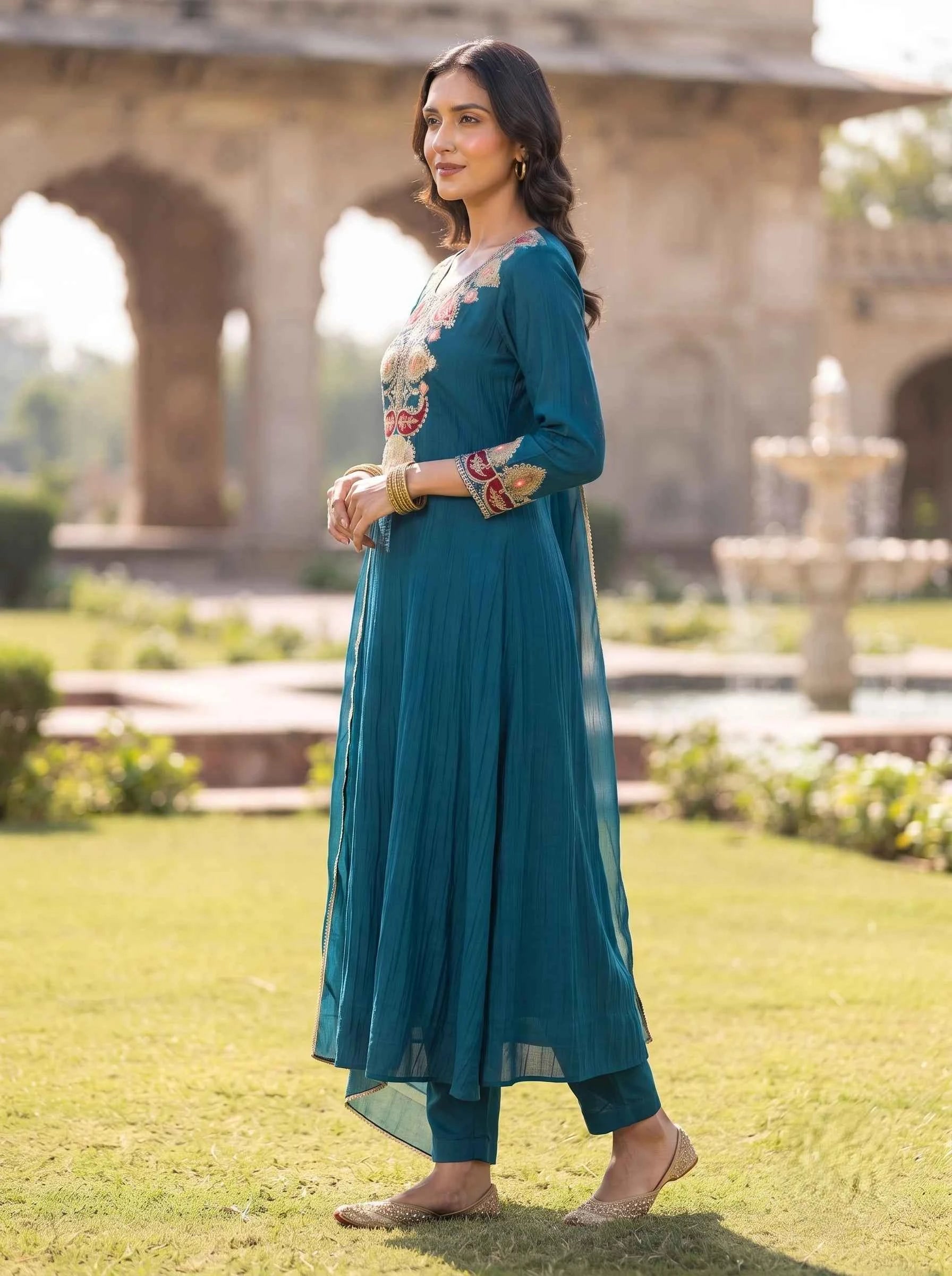 PEACOCK BLUE TRADITIONAL MOTIF FESTIVE DESIGNER BANARSI MUL CHANDERI SUIT