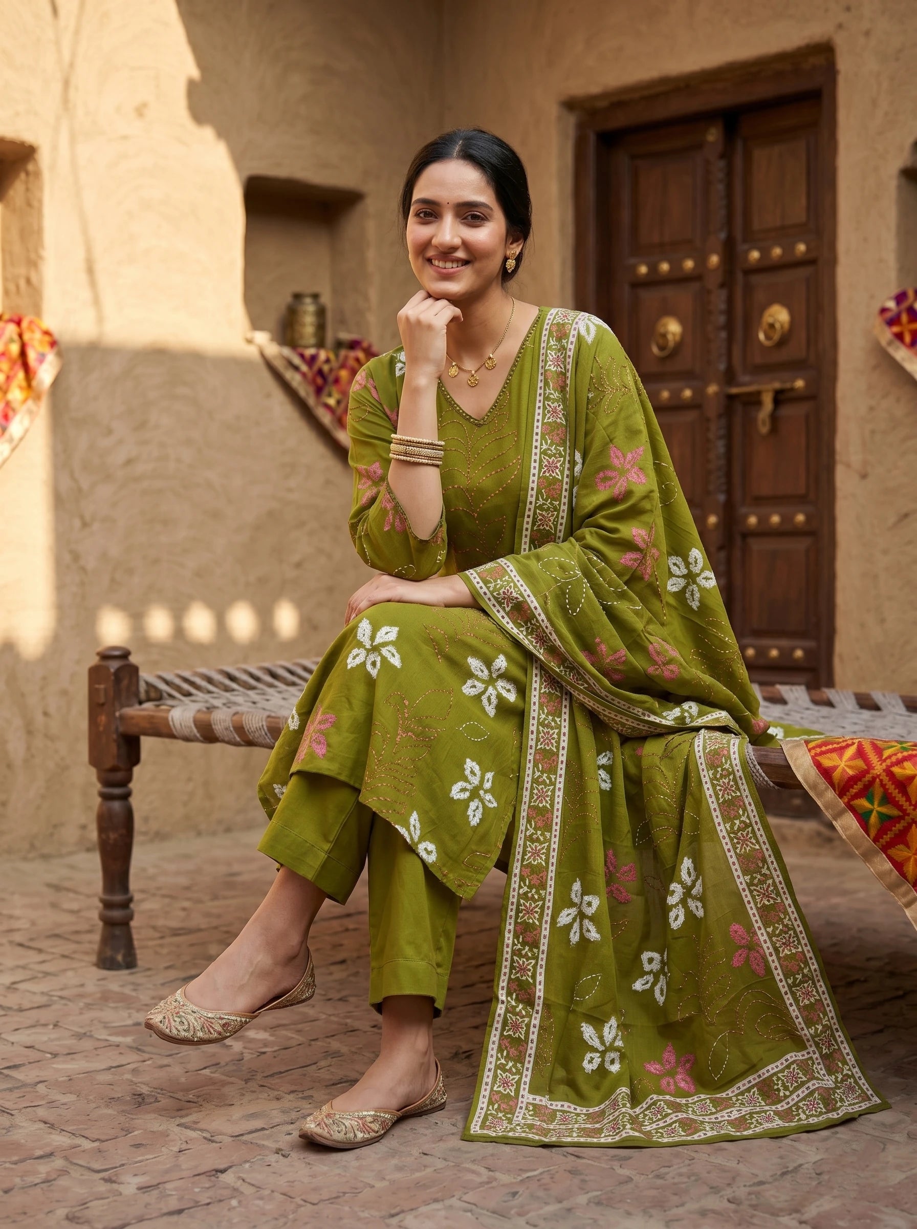 MATCHA GREEN FLORAL MUL COTTON SUIT SET
