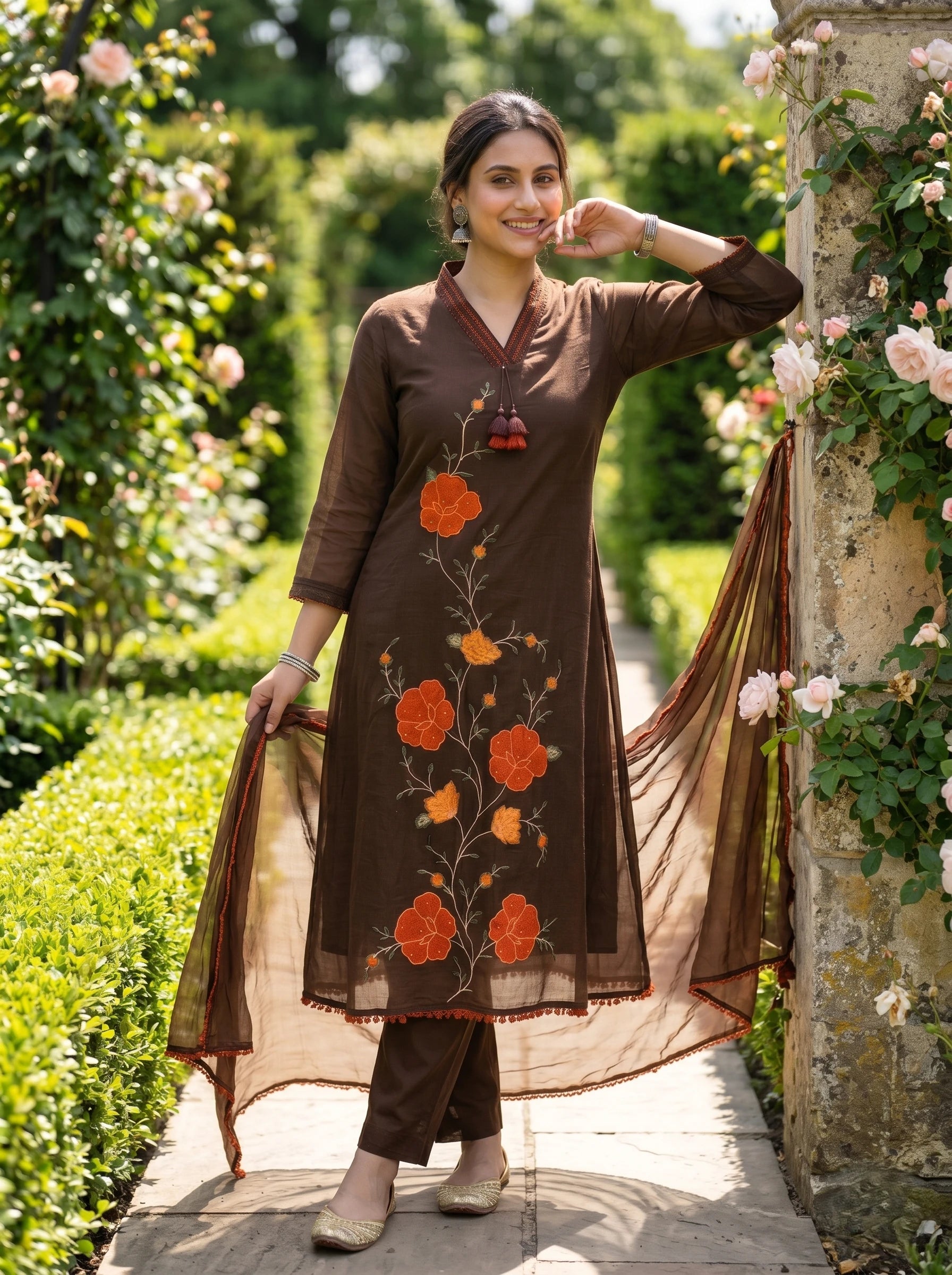 MOCHA BLOOM THREADWORK MUL COTTON SUIT SET