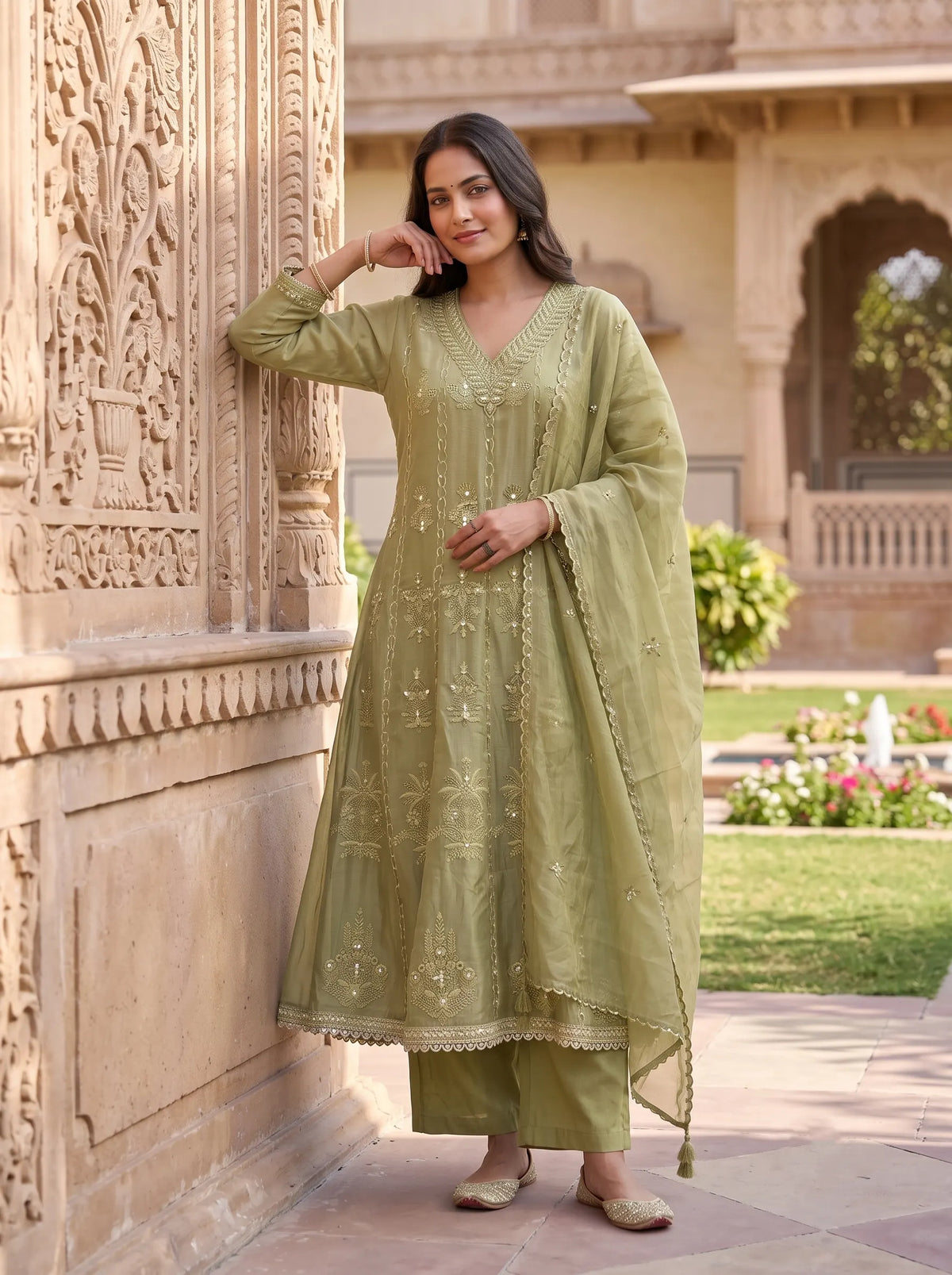SAGE GREEN FLOWING ANARKALI WITH DELICATE FLORAL EMBROIDERED  SUIT SET