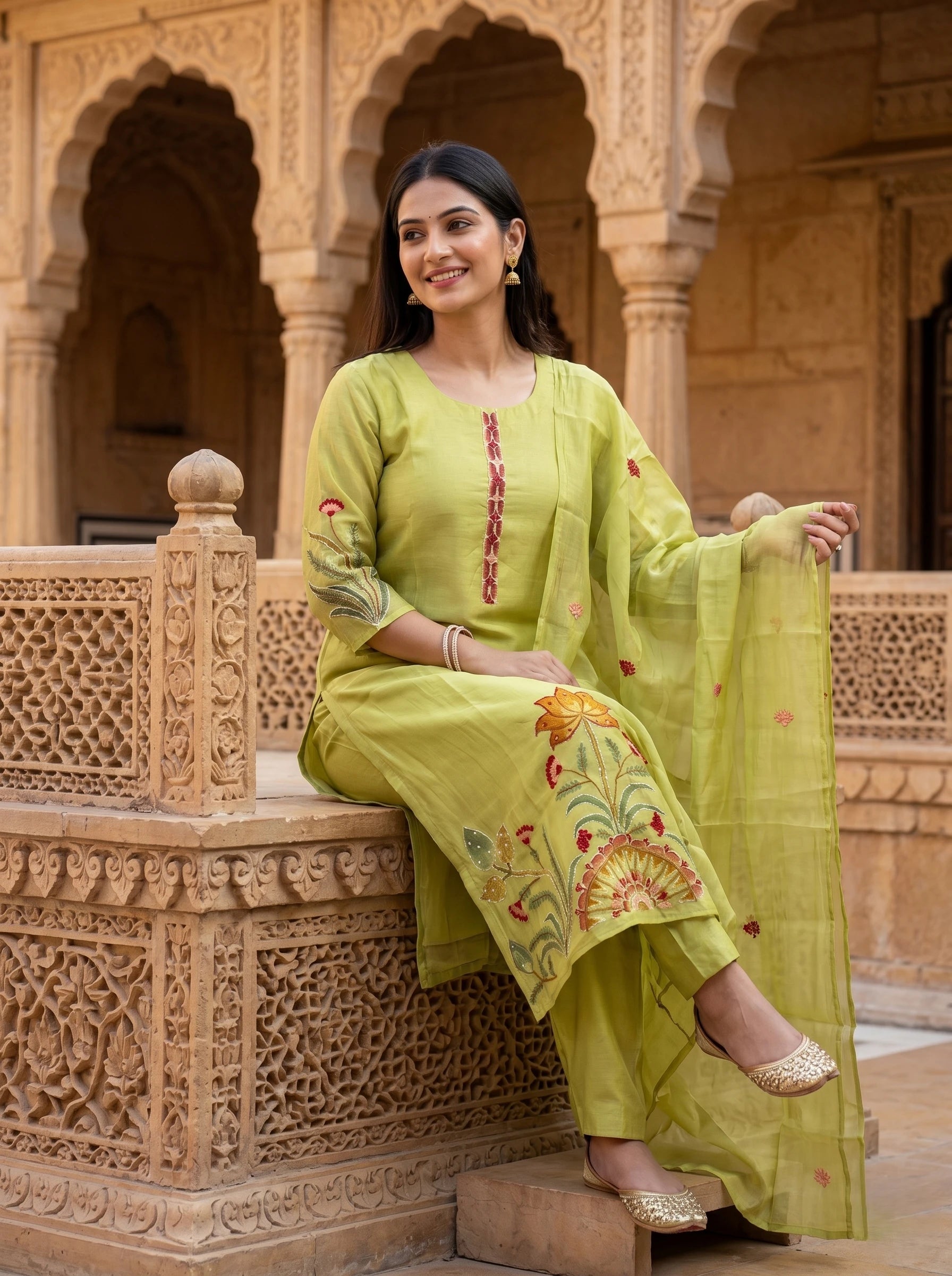 OLIVE GREEN KANTHA WORK SUIT SET