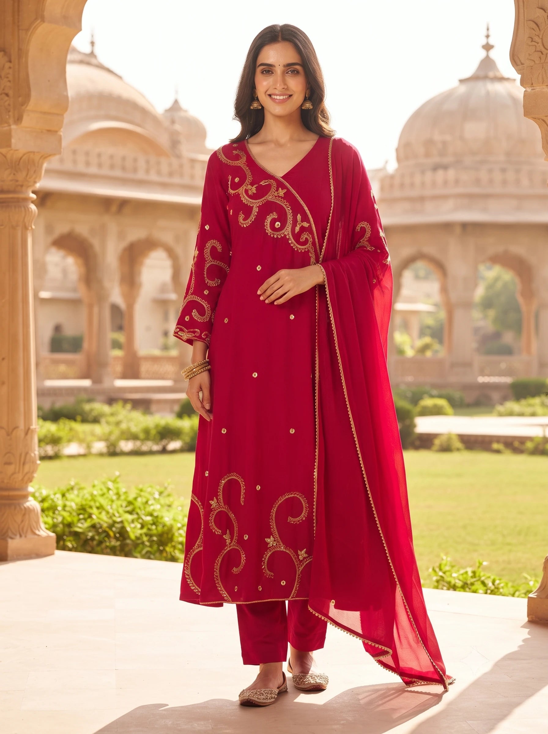 MAGENTA GOLDEN EMBROIDERED ANGRAKHA STYLE DOLA SILK SUIT SET