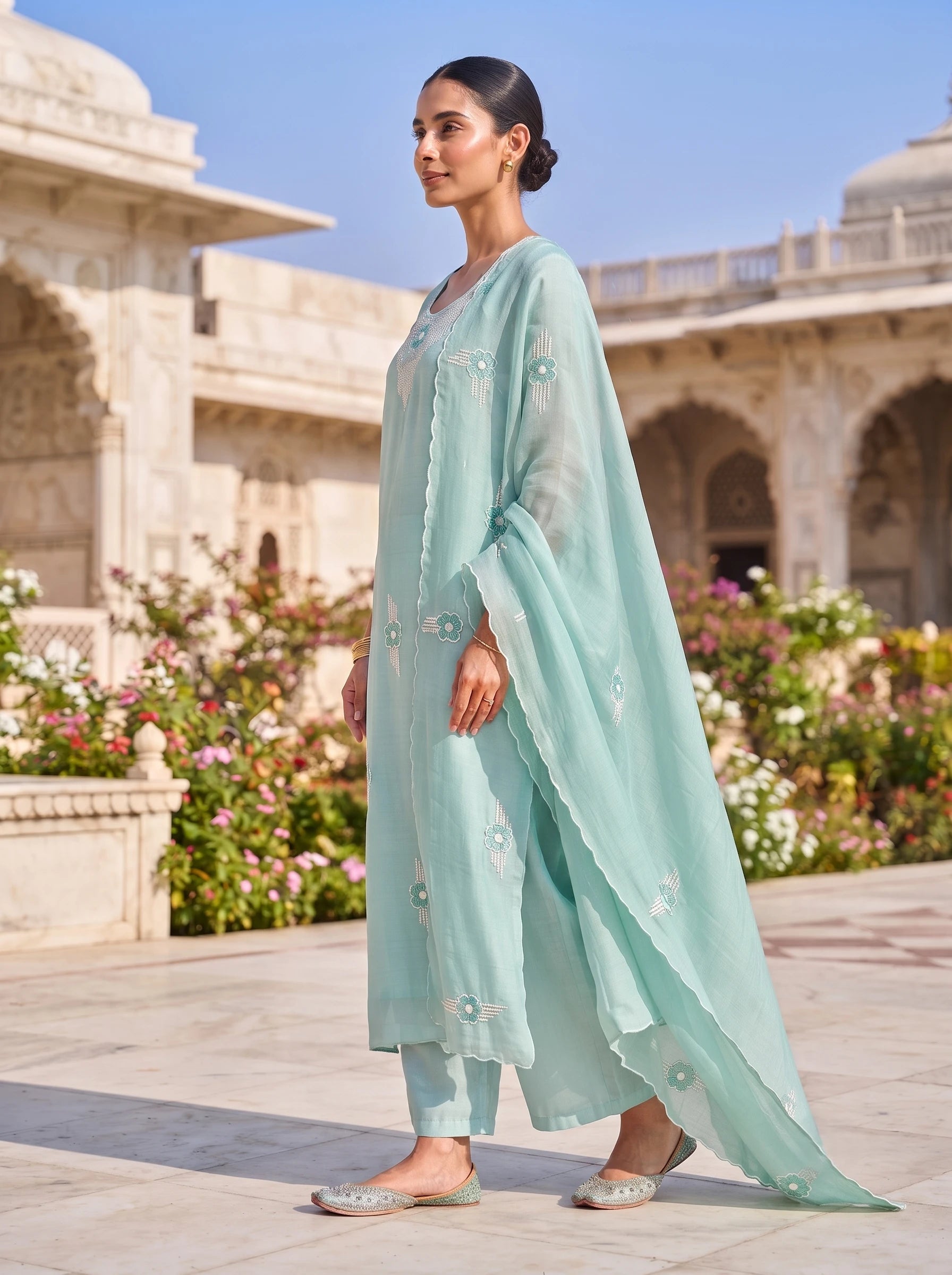 PASTEL SAGE GREEN HAND EMBELLISHED ETHNIC SUIT WITH DUPATTA