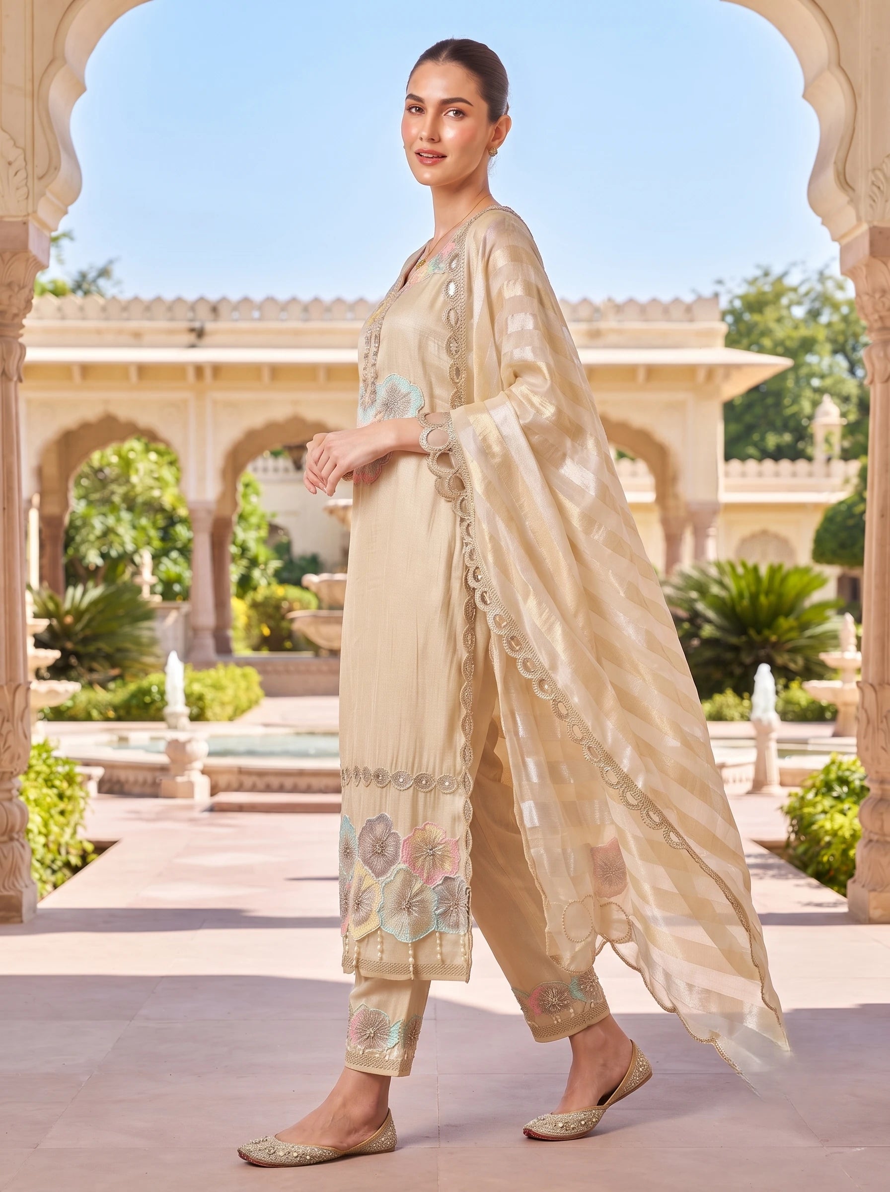 PEARL BLOSSOM EMBROIDERED SHIMMER TISSUE FESTIVE  SUIT SET