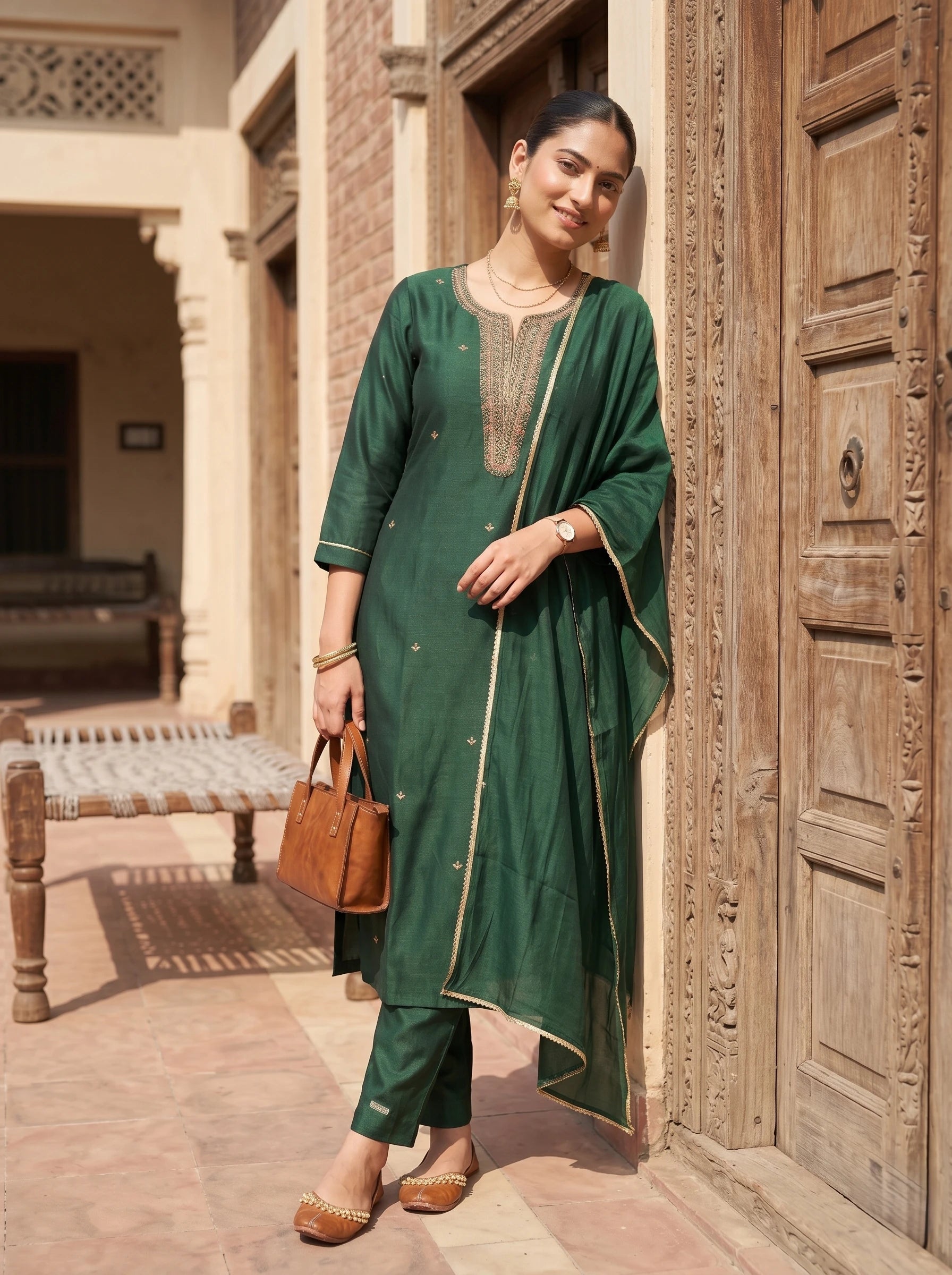 ADA BOTTEL GREEN STRAIGHT SUIT SET