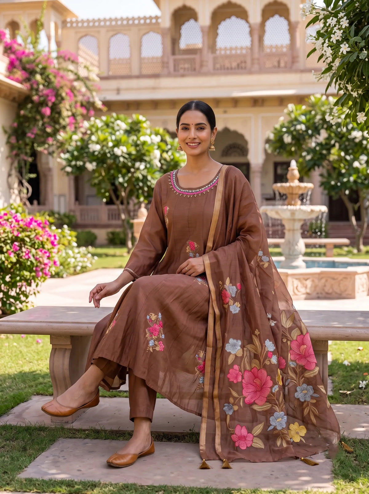 BROWN FLORAL HAND EMBROIDERED  MIRROR WORK  SUIT WITH DUPATTA