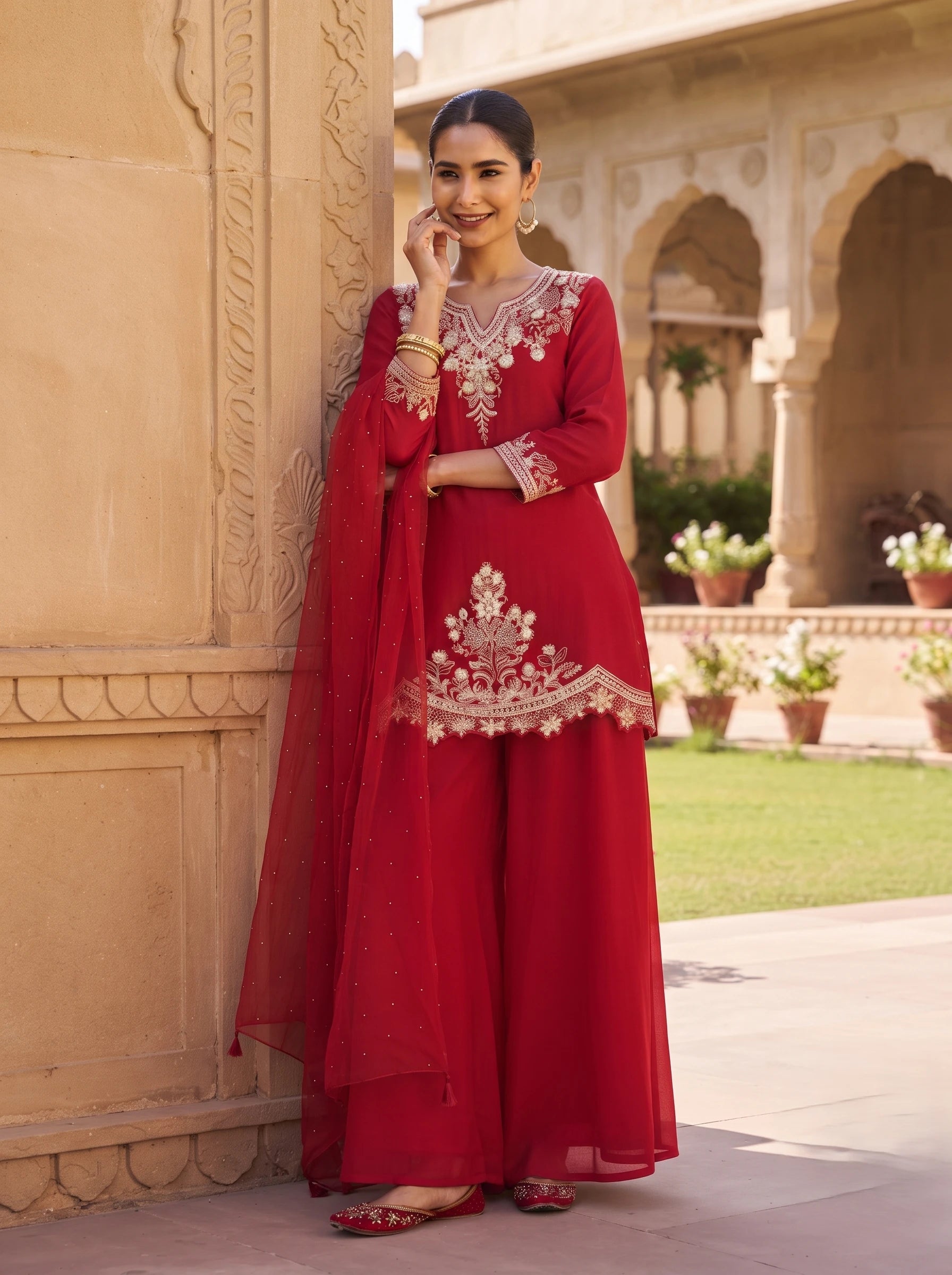 CRIMSON RED WITH GOLD PEARL DOLA SILK EMBROIDERED SUIT SET
