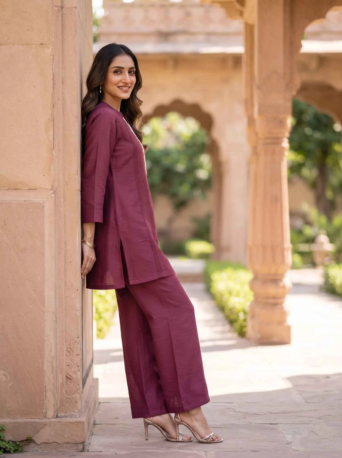 WINE RED EMBROIDERED NECKLINE CASUAL EVERYDAY  WEAR CO-ORD SET
