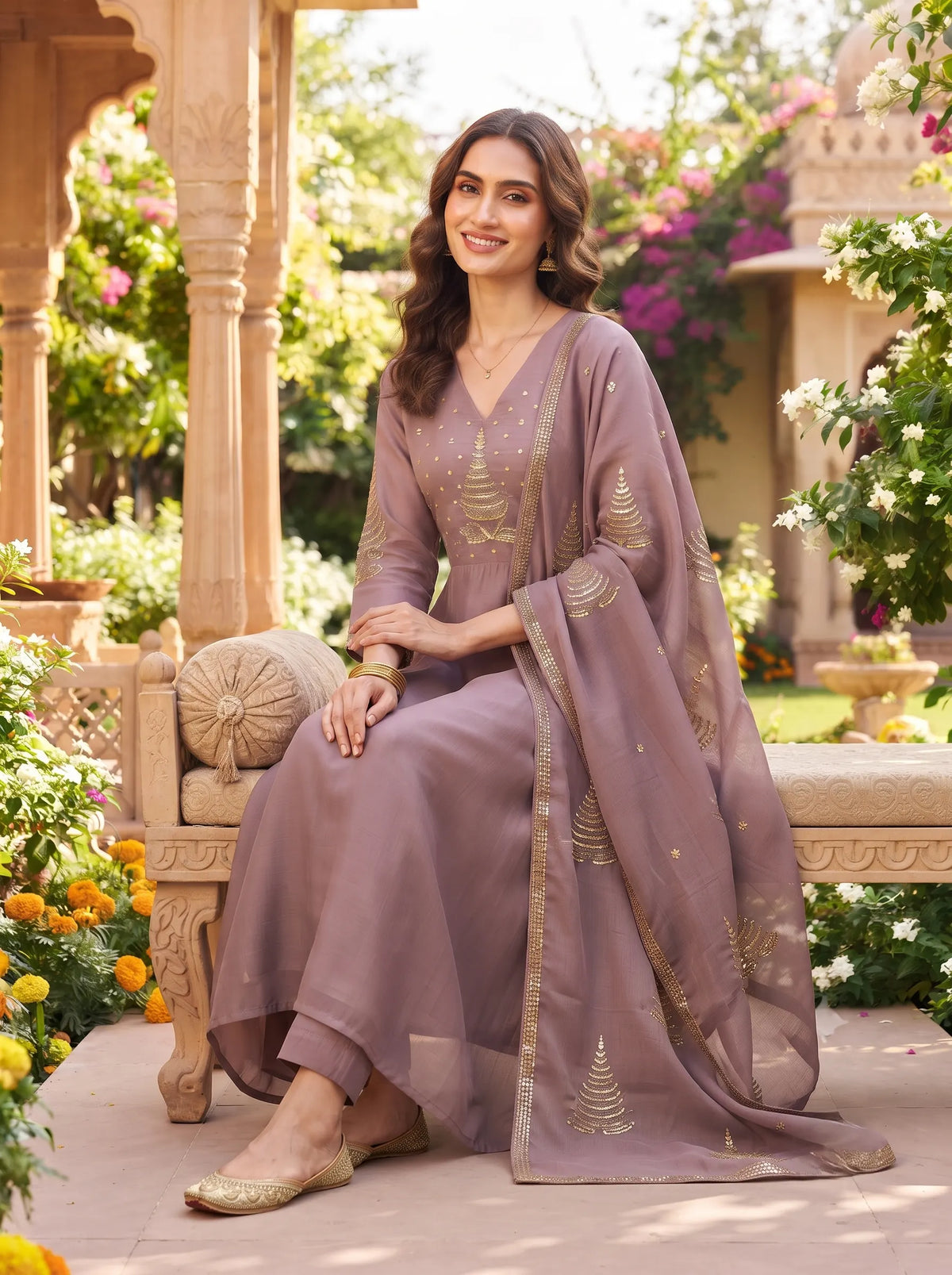 LILAC ANARKALI WITH GOLDEN TREE MOTIF EMBROIDERD SUIT SET