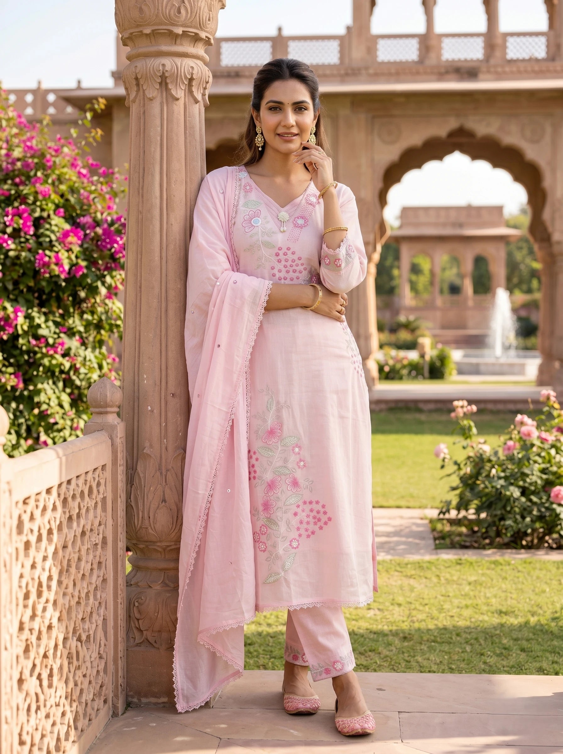 BLUSH PINK FLORAL EMBROIDERED MUL COTTON SUIT SET
