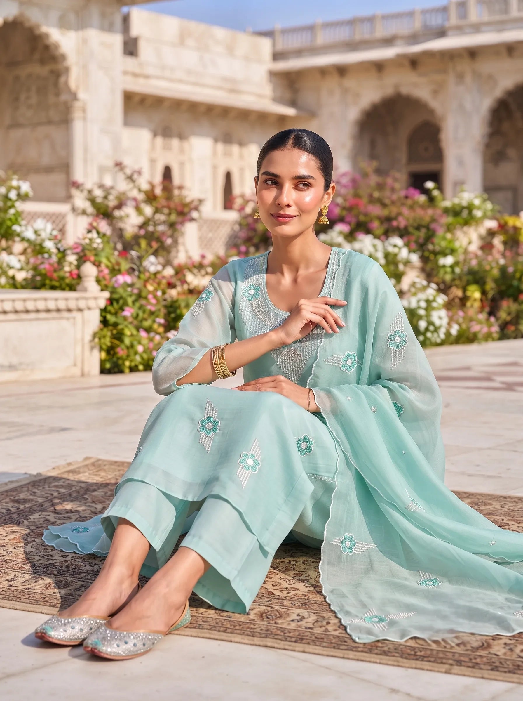 PASTEL SAGE GREEN HAND EMBELLISHED ETHNIC SUIT WITH DUPATTA