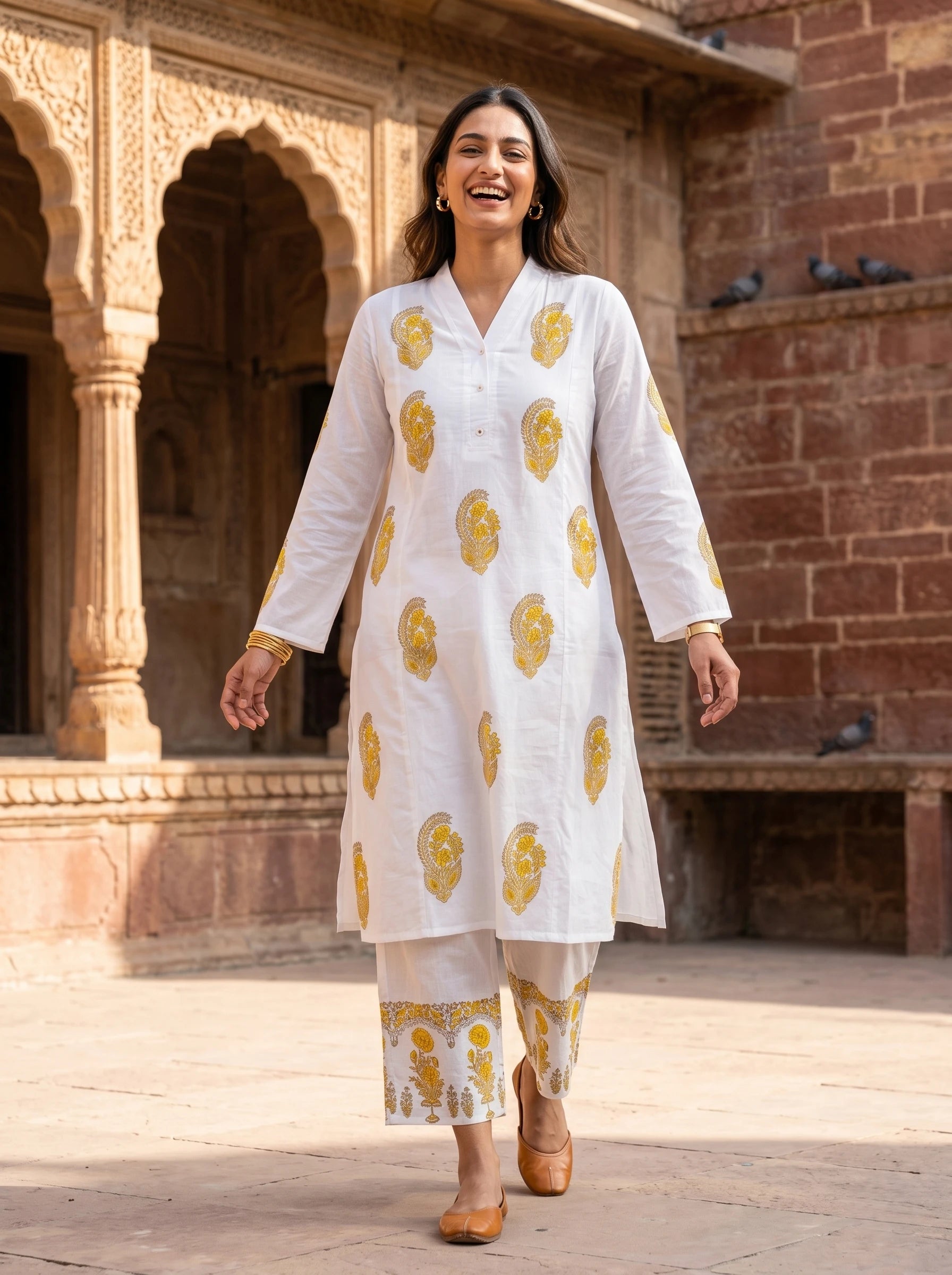 WARM WHITE BLOCK PRINT KURTA SET