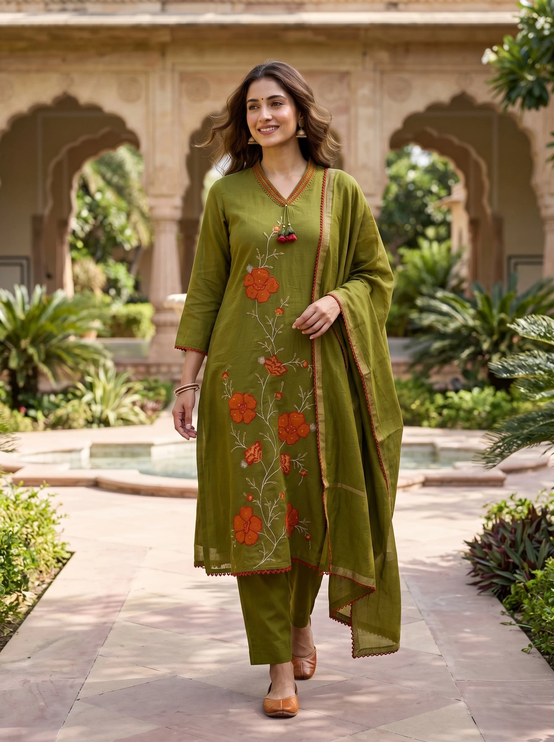 SAGE GREEN THREADWORK MUL COTTON SUIT SET