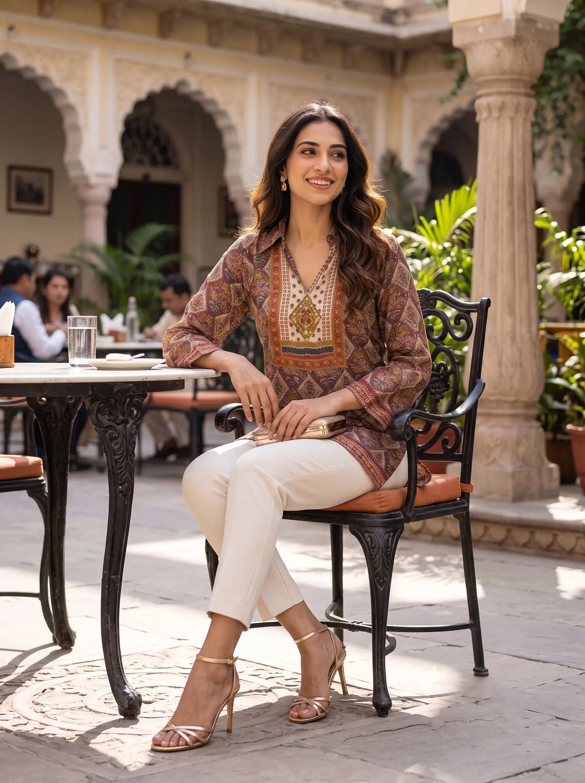 BROWN AND BEIGE TRADITIONAL PURE MUSLIN SHIRT TOP