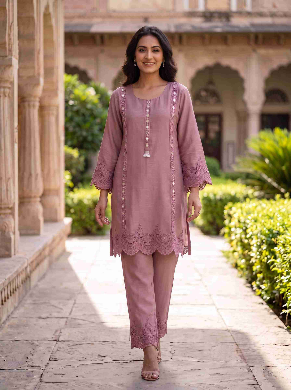 DUSTY ROSE TEXTURED MIRROR WORK LACE DETAIL WOMEN CO-ORD SET