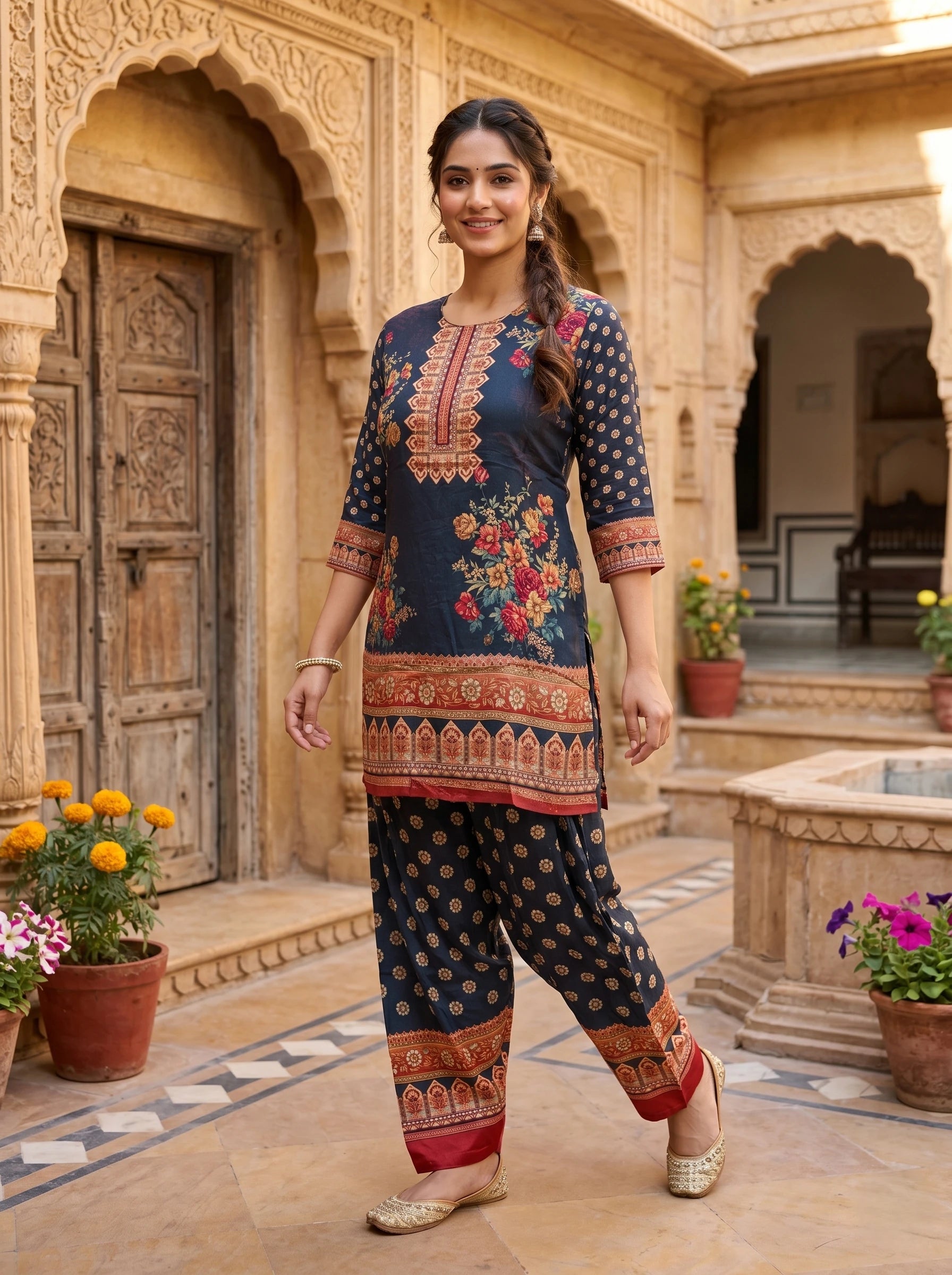 VINTAGE BLUE  FLORAL PANEL FARSHI CO-ORD  SET