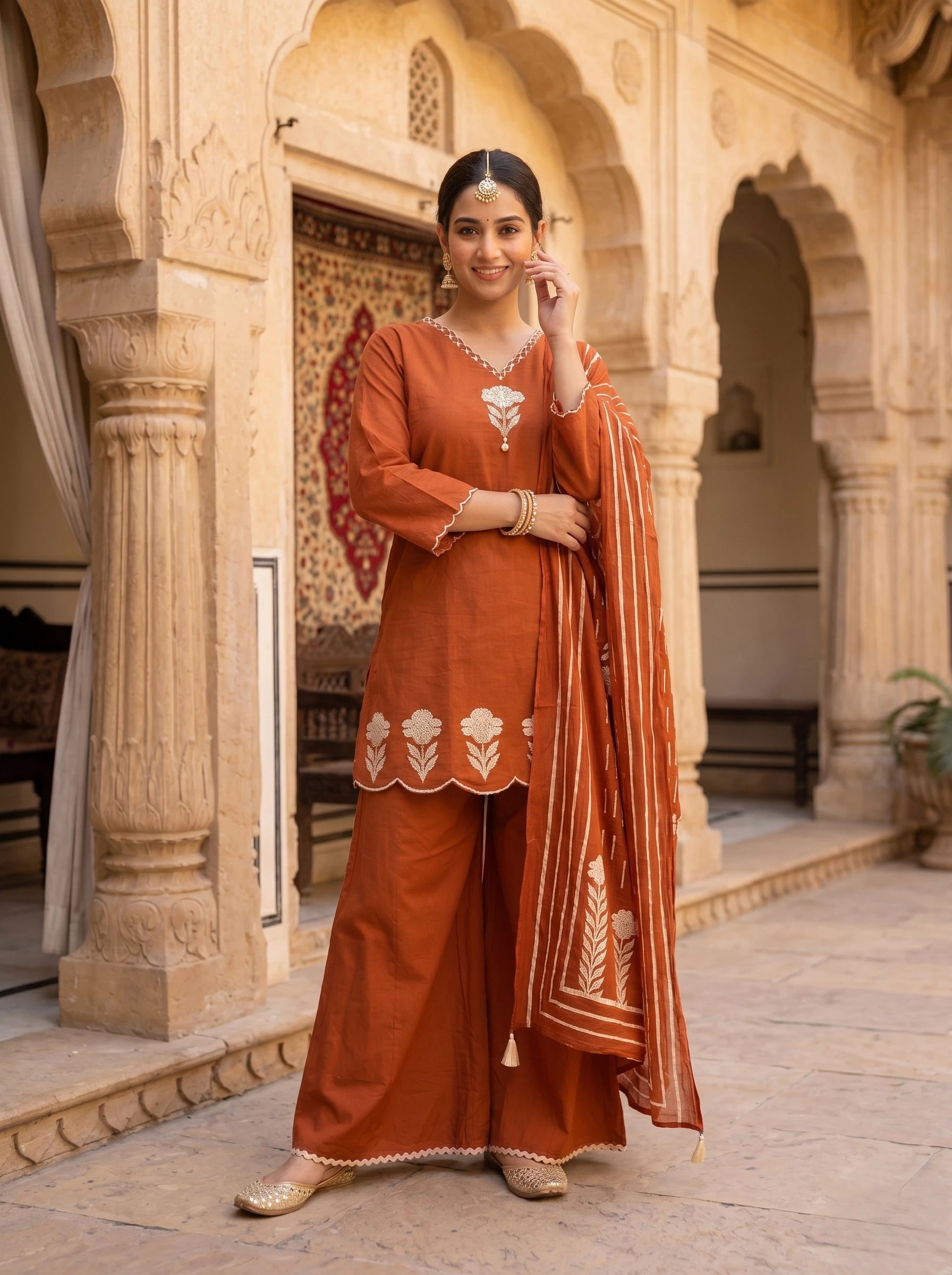 RUSTIC ELEGANCE MIRROR WORK MUL COTTON SHARARA SUIT SET