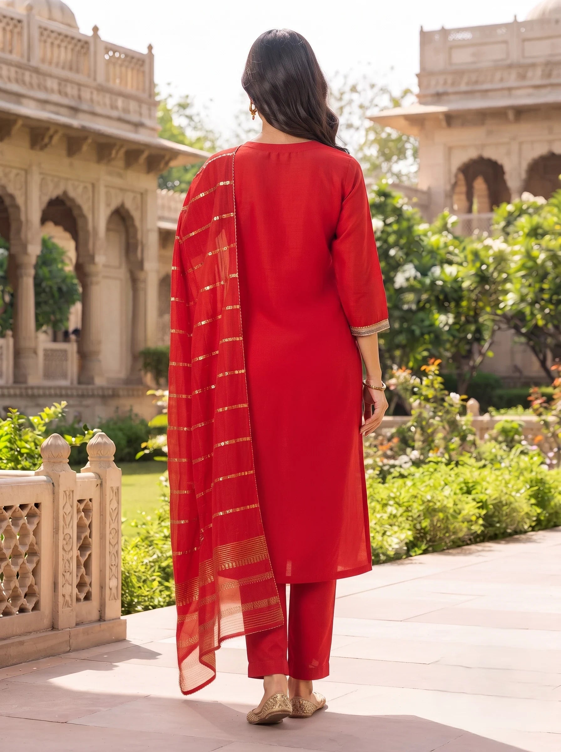 FESTIVE PINK FLORAL APPLIQUE STYLE MUL CHANDERI SUIT SET