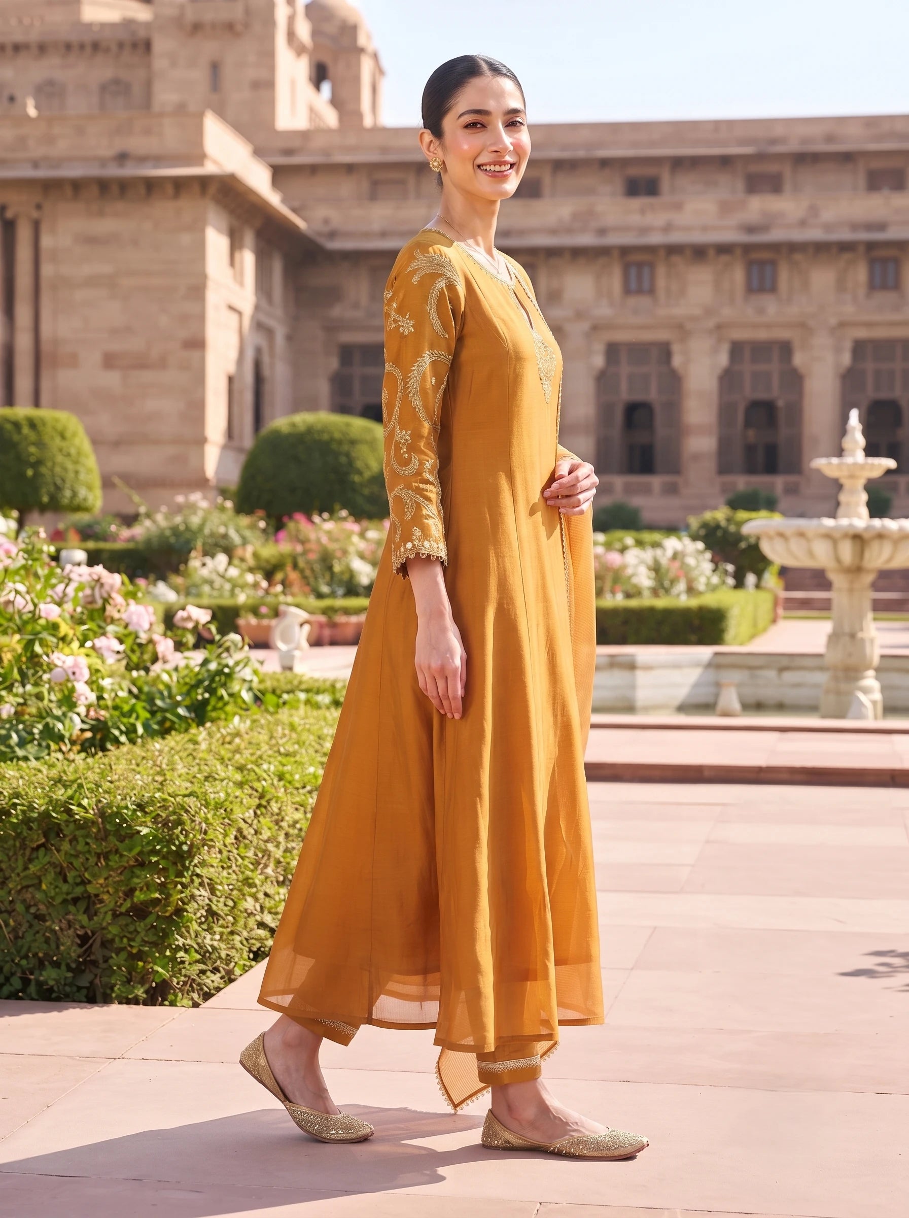 CARAMEL BROWN DESIGNER HAND EMBROIDERED FESTIVE SUIT SET