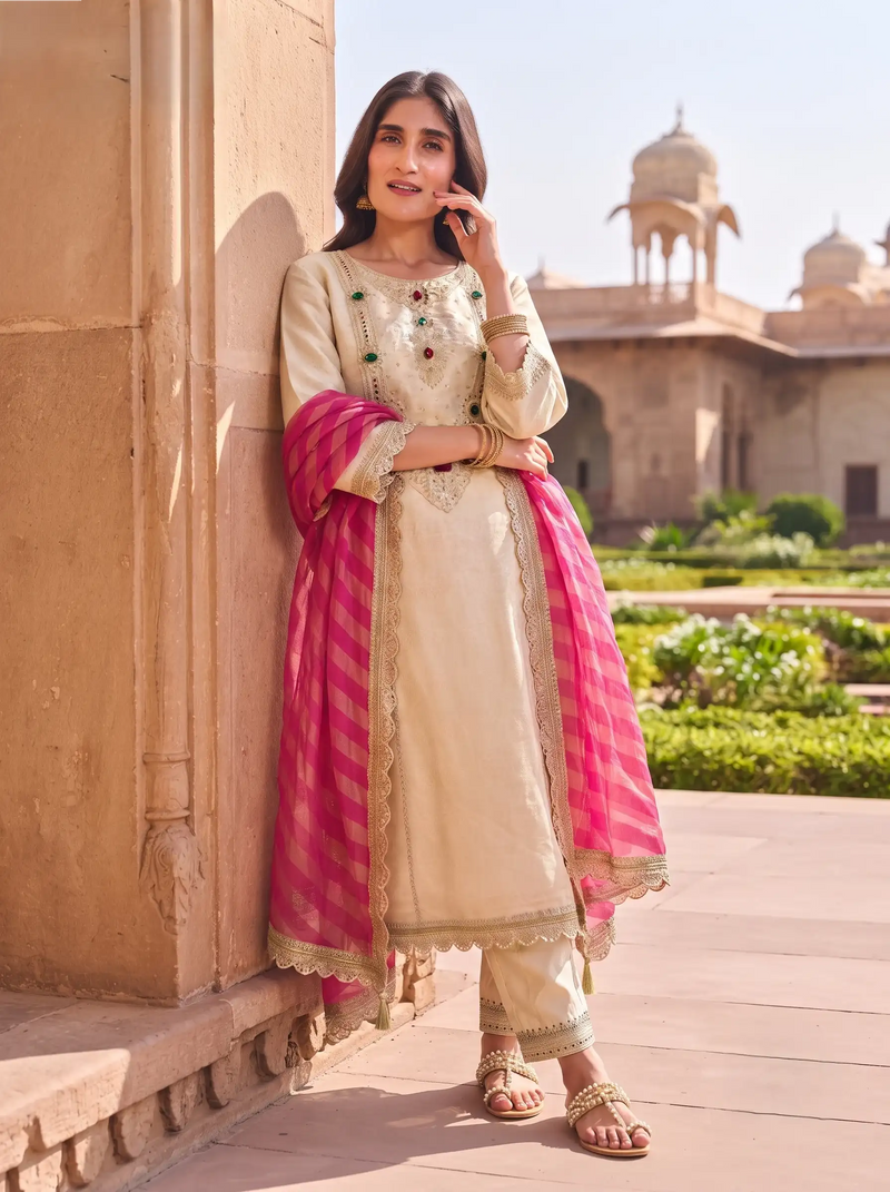 CHAMPAGNE GOLD GEMSTONE EMBELLISHED BANARSI SILK SUIT WITH DUPATTA