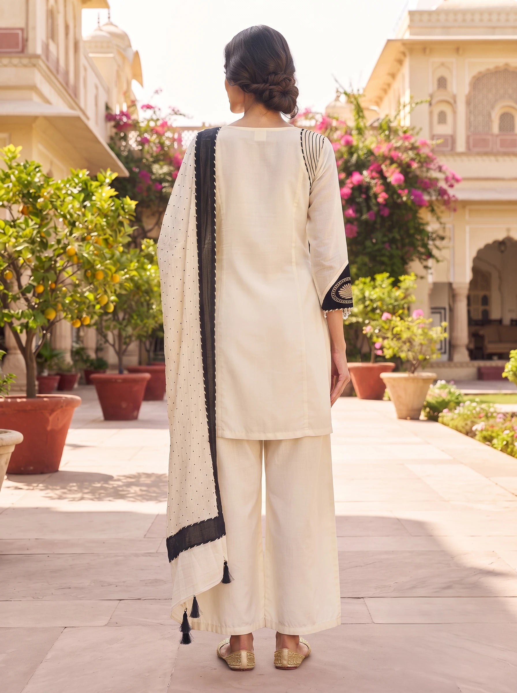 IVORY BLACK FULL EMBROIDERED PURE MUL CHANDERI SUIT WITH DUPATTA