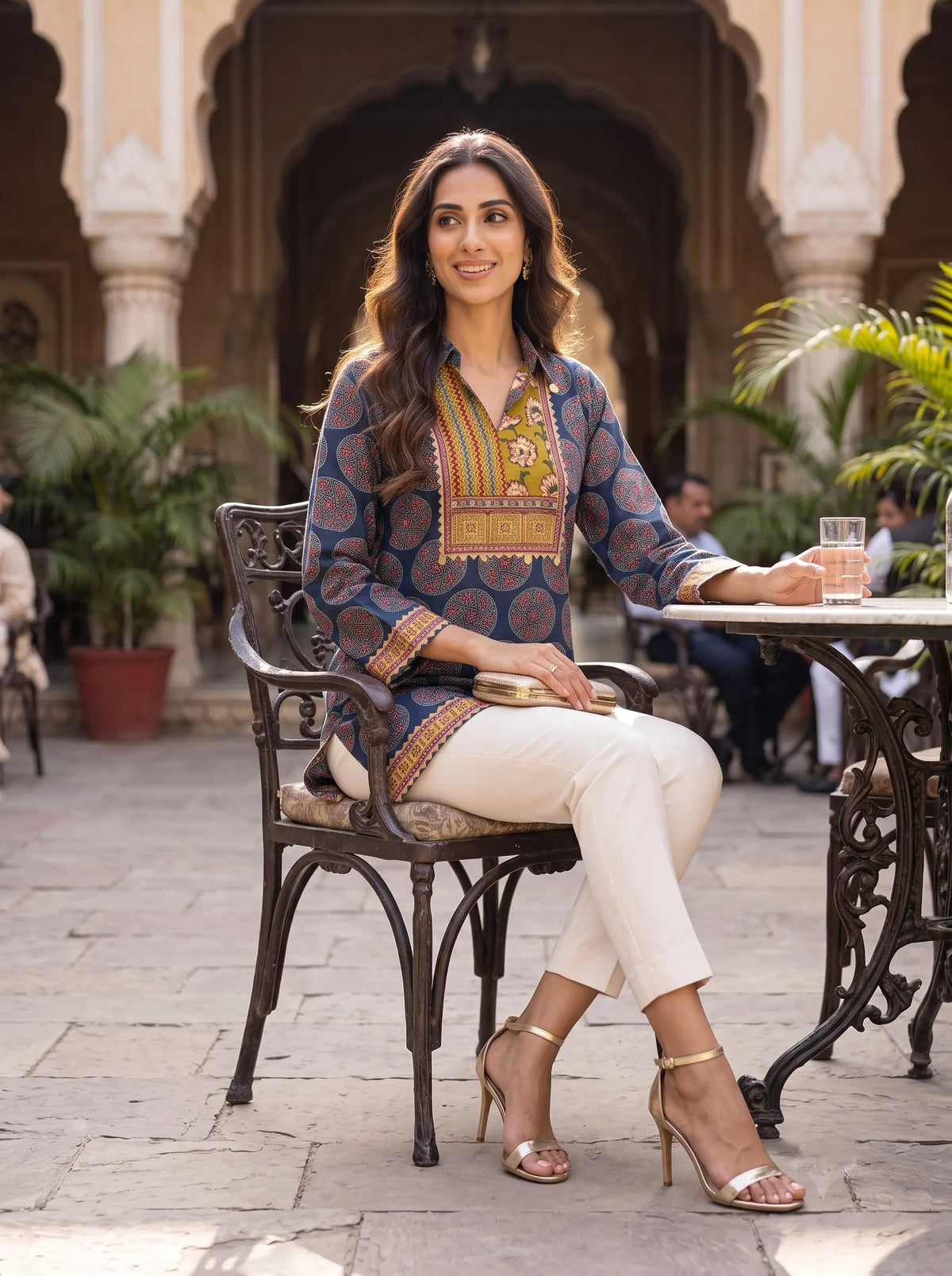 INDIGO AND OLIVE TRADITIONAL PRINTED PURE MUSLIN SHIRT  TOP
