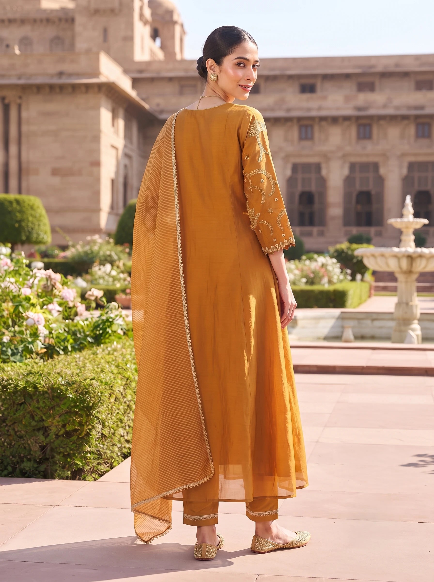 CARAMEL BROWN DESIGNER HAND EMBROIDERED FESTIVE SUIT SET