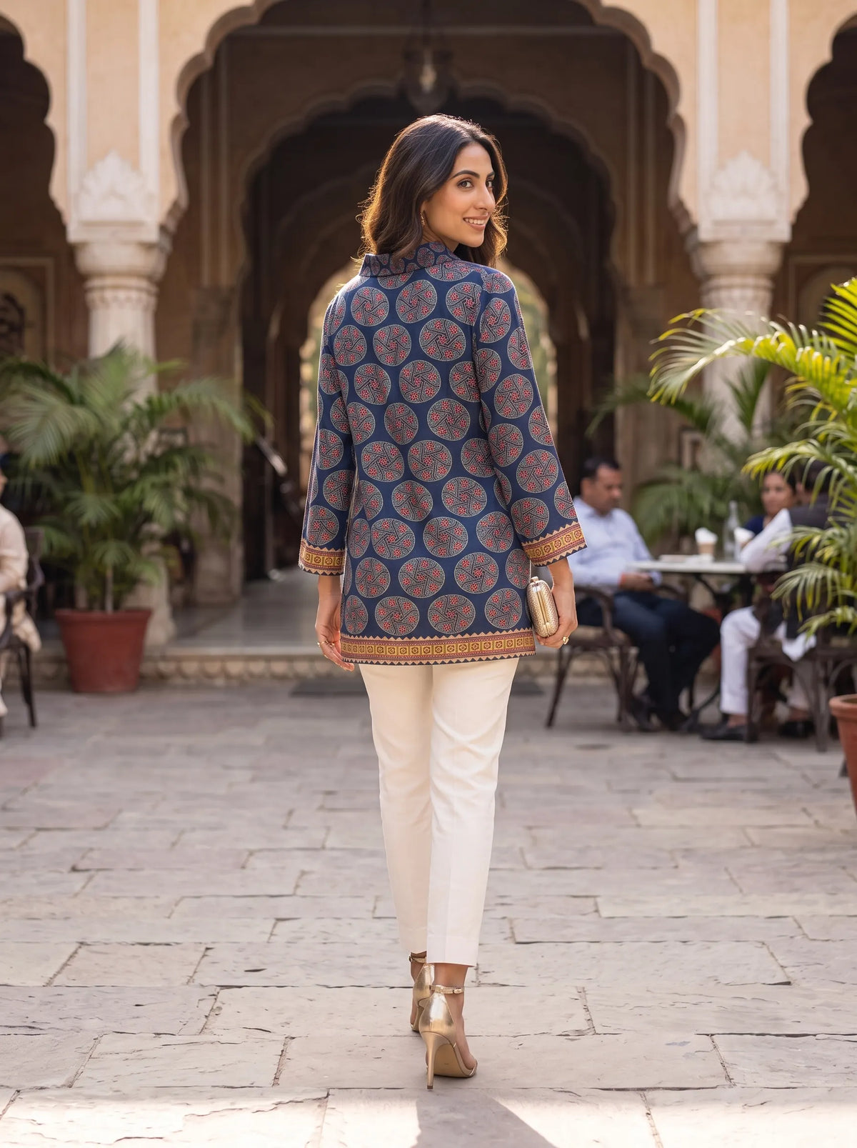 INDIGO AND OLIVE TRADITIONAL PRINTED PURE MUSLIN SHIRT  TOP