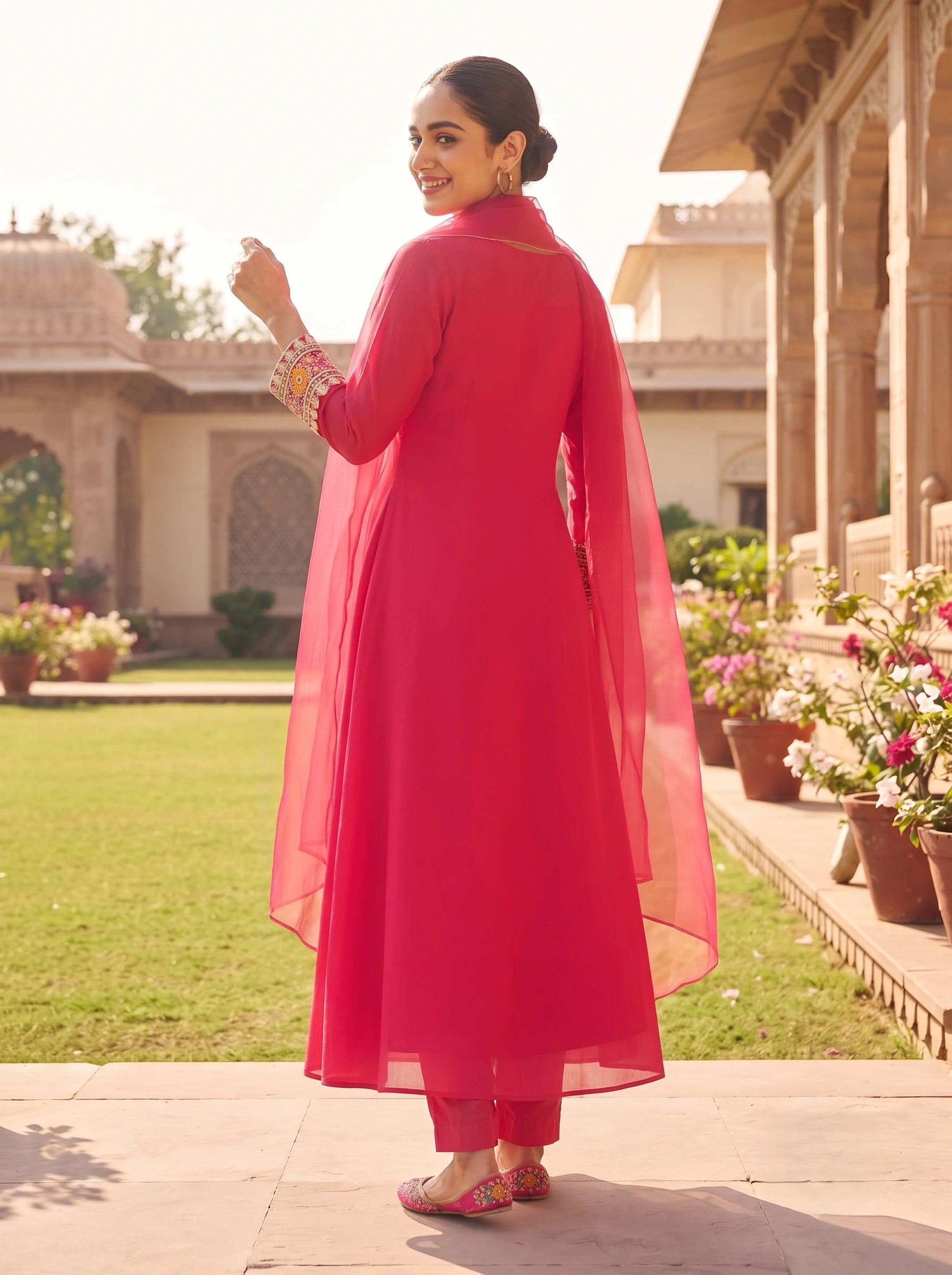 STRIKING PINK EMBELLISHED NECKLINE PURE CHINNON SUIT SET