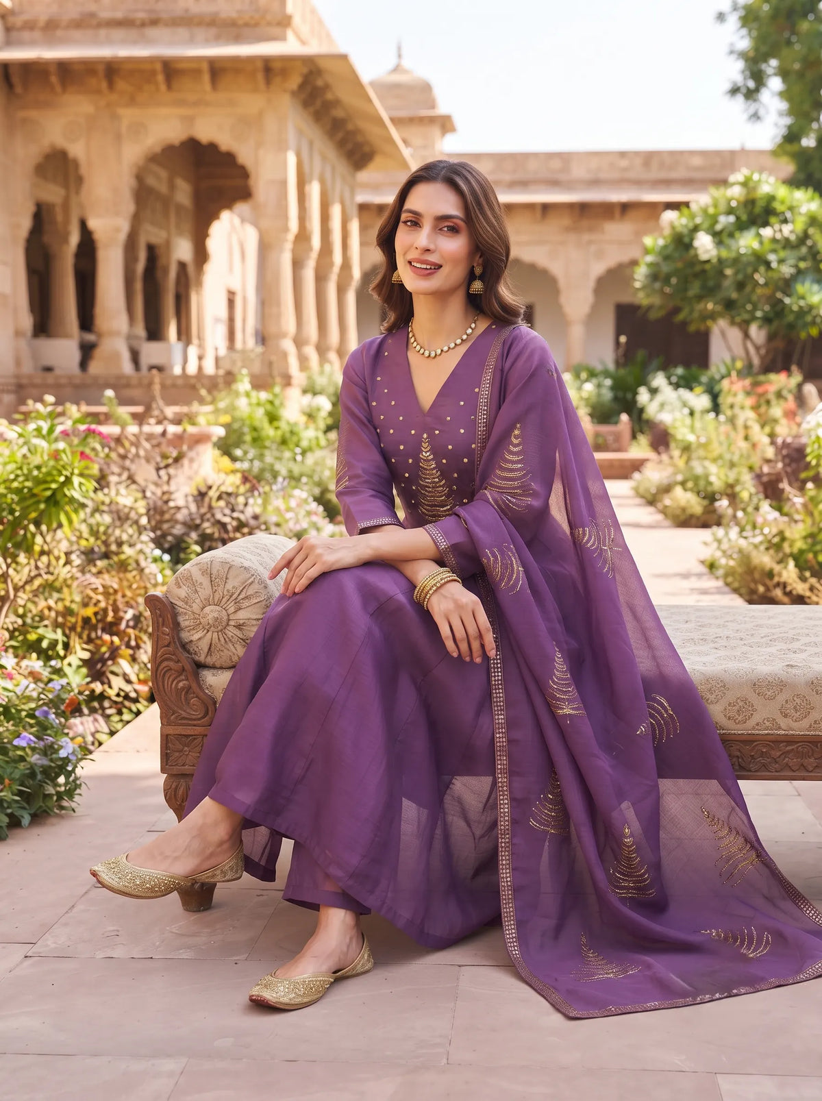 DUSKY PURPLE ANARKALI WITH GOLD HAND EMBROIDERED SUIT SET