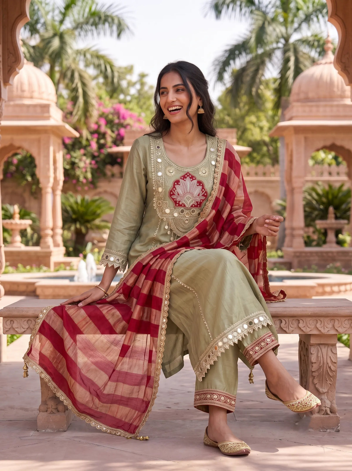 SAGE GREEN ROYAL FLORAL SEQUIN EMBROIDERED FESTIVE SUIT SET