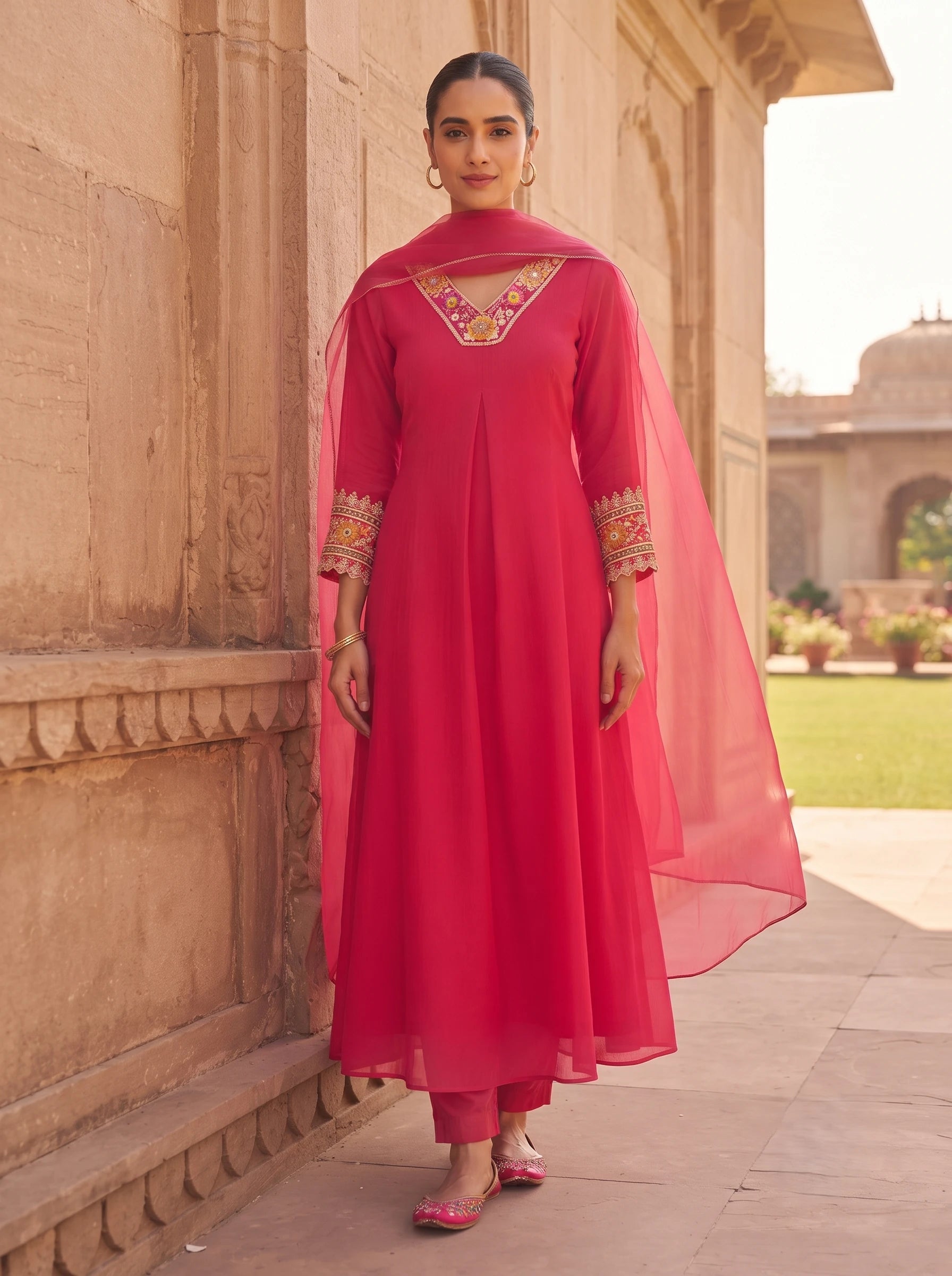 STRIKING PINK EMBELLISHED NECKLINE PURE CHINNON SUIT SET