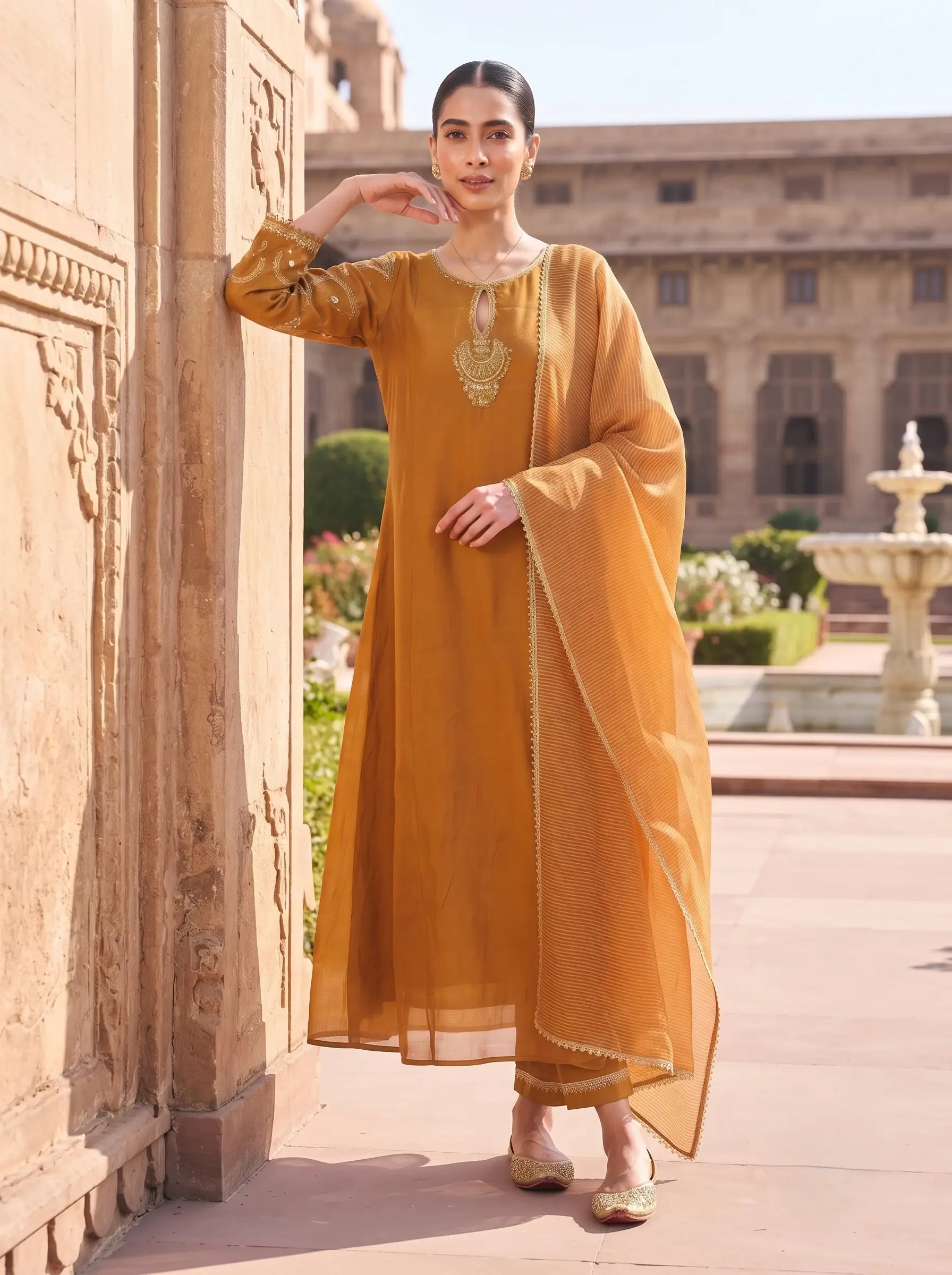 CARAMEL BROWN DESIGNER HAND EMBROIDERED FESTIVE SUIT SET