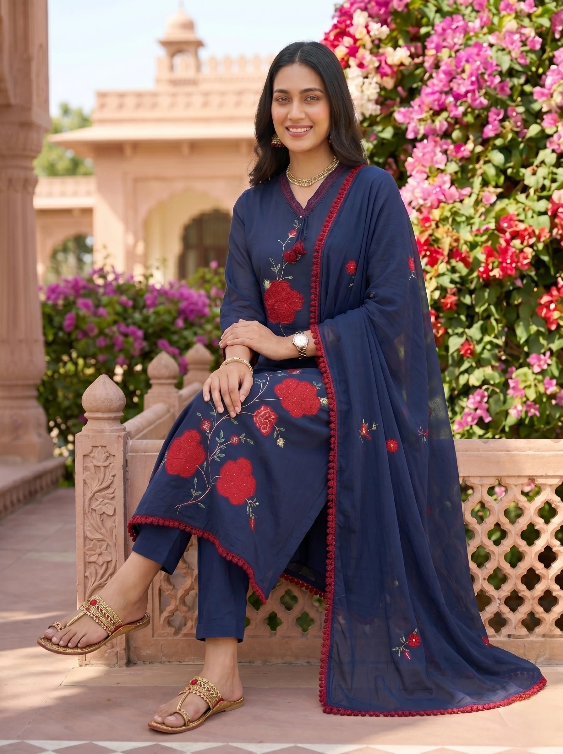 NAVY FLORAL THREADWORK MUL COTTON SUIT SET