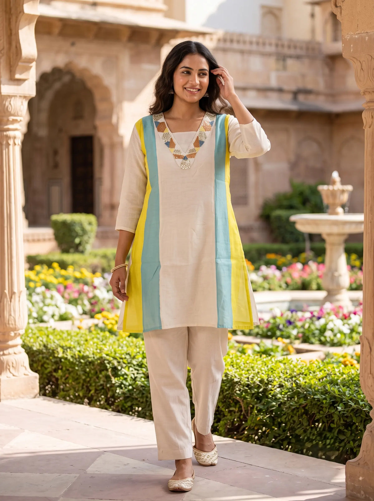 BEIGE AND TEAL GEOMETRIC BEADED NECKLINE FESTIVE CO-ORD SET
