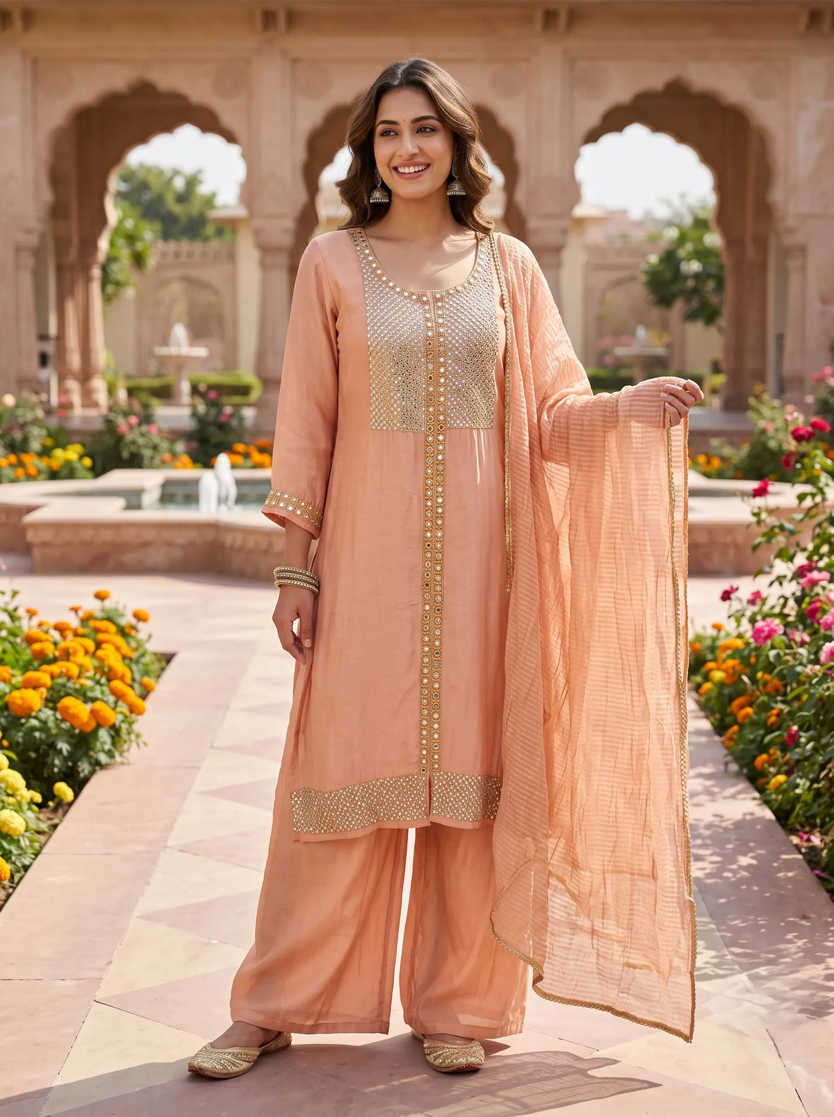 PEACH HEAVY STONE AND MIRROR WORK HAND EMBROIDERED SUIT SET