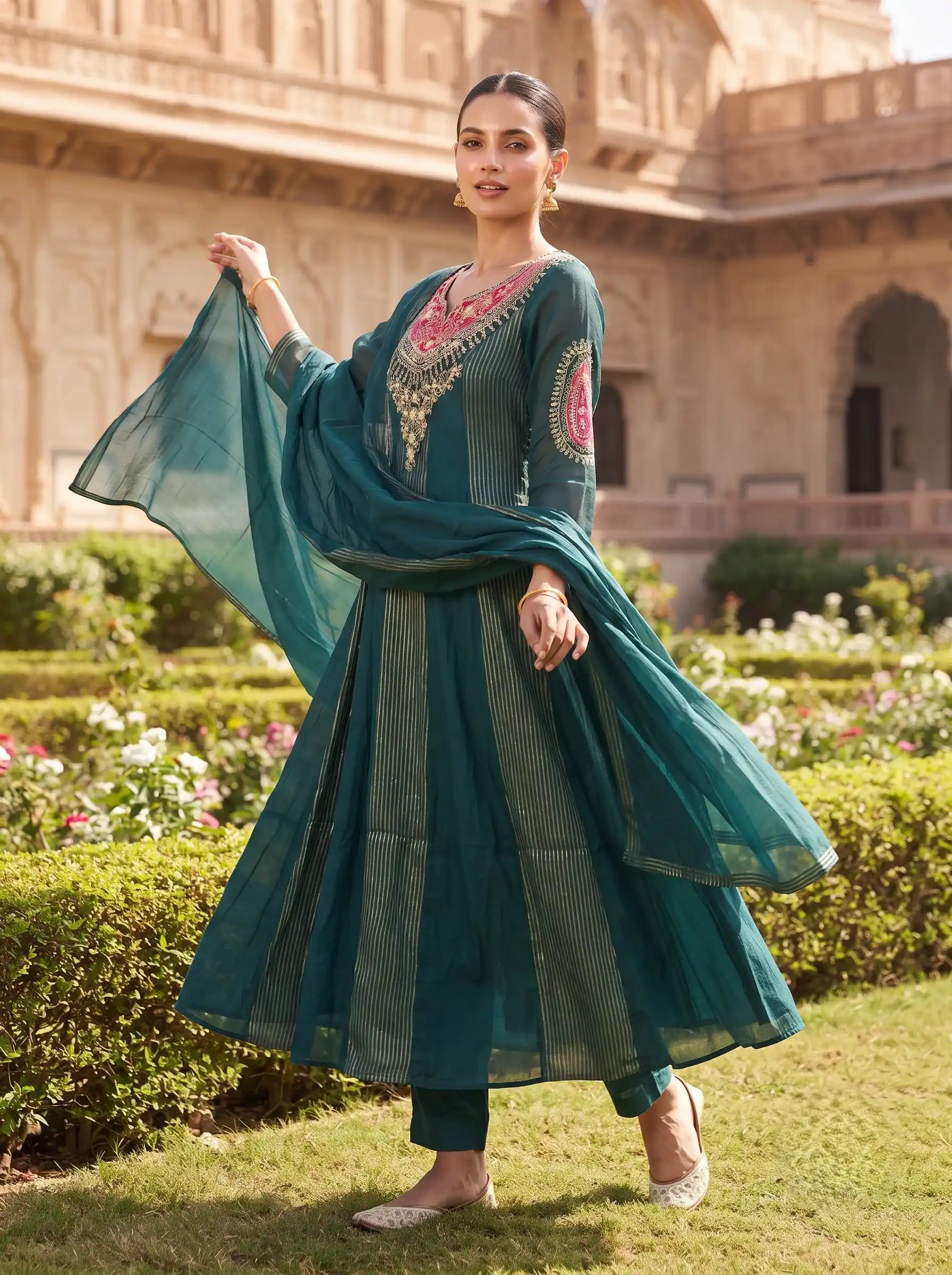 DARK TURQUOISE DESIGNER HAND EMBROIDERED FESTIVE SUIT SET