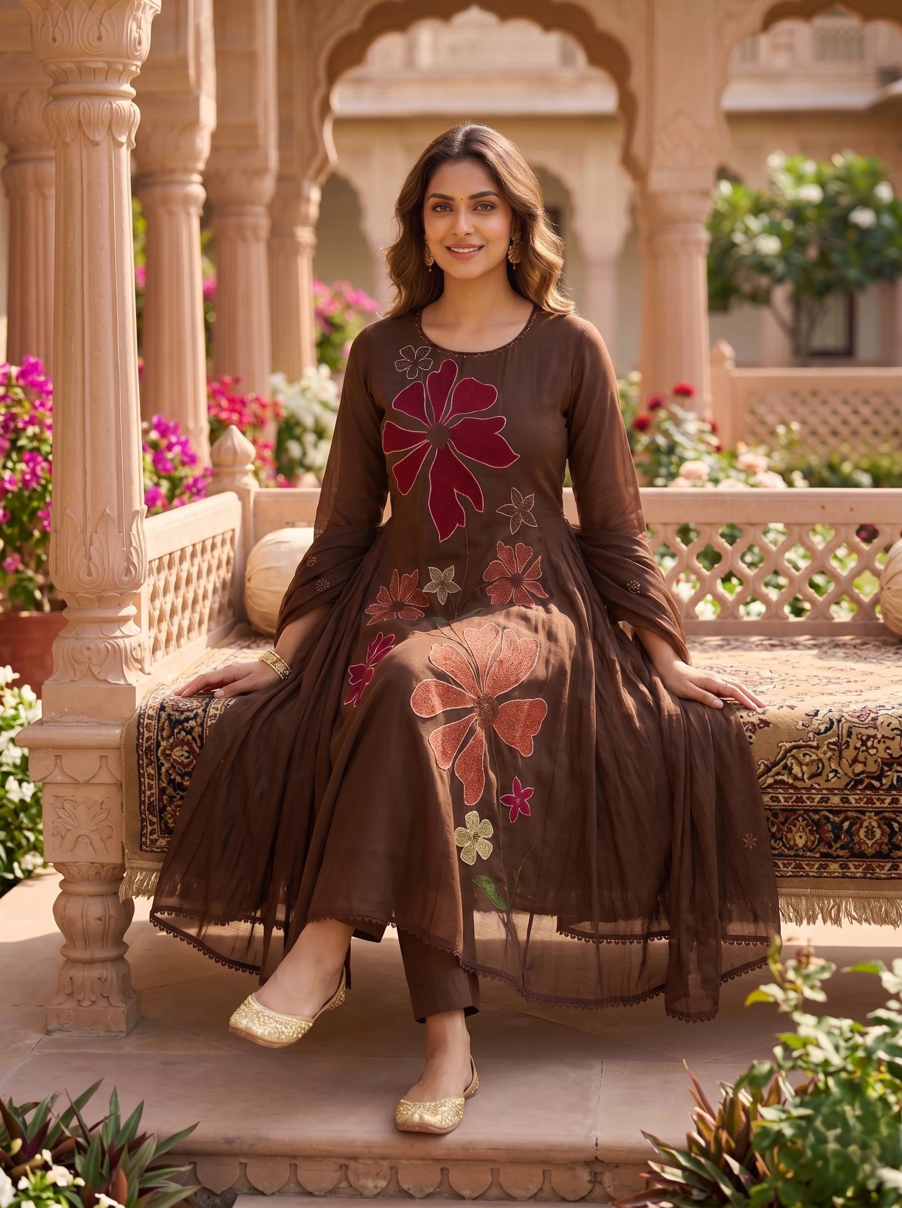 MOCHA BLOOM THREADWORK MUL COTTON SUIT SET