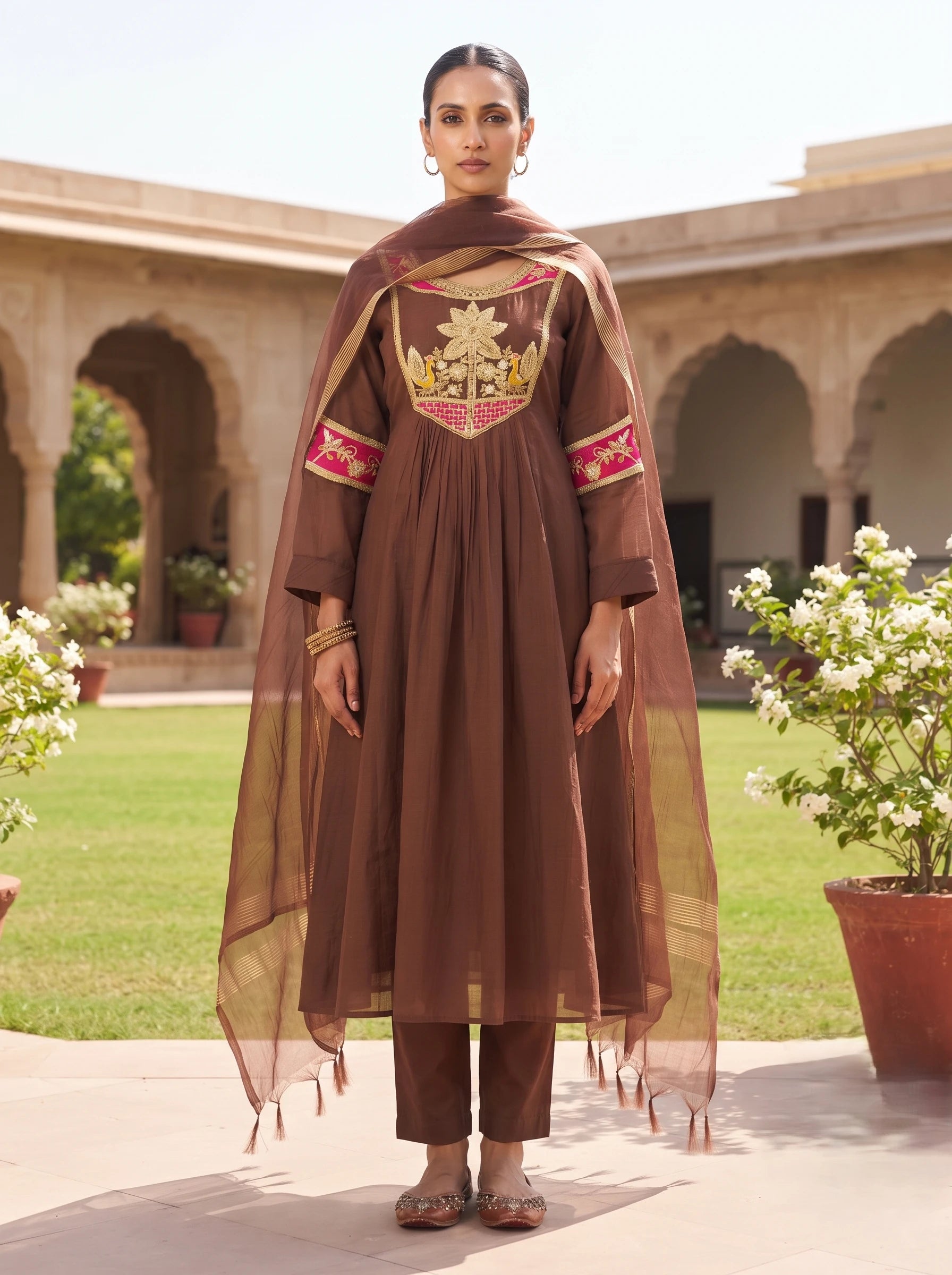 CHOCOLATE BROWN ROYAL ZARI WORK BANARSI MUL CHANDERI SUIT SET