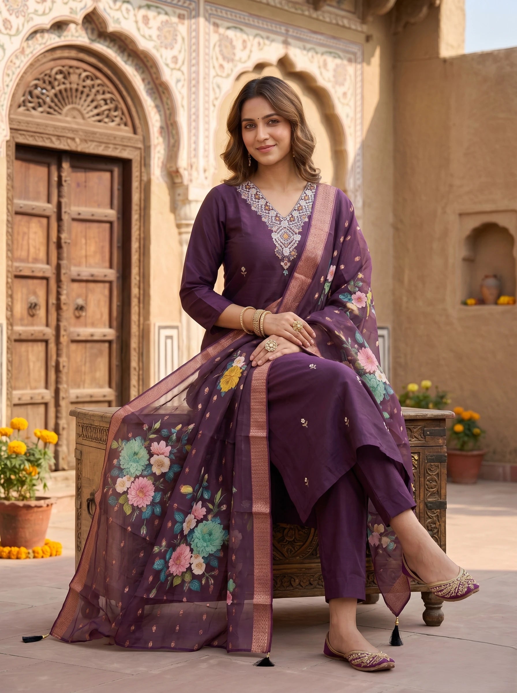 RUWA STONE WORK STRAIGHT SUIT SET