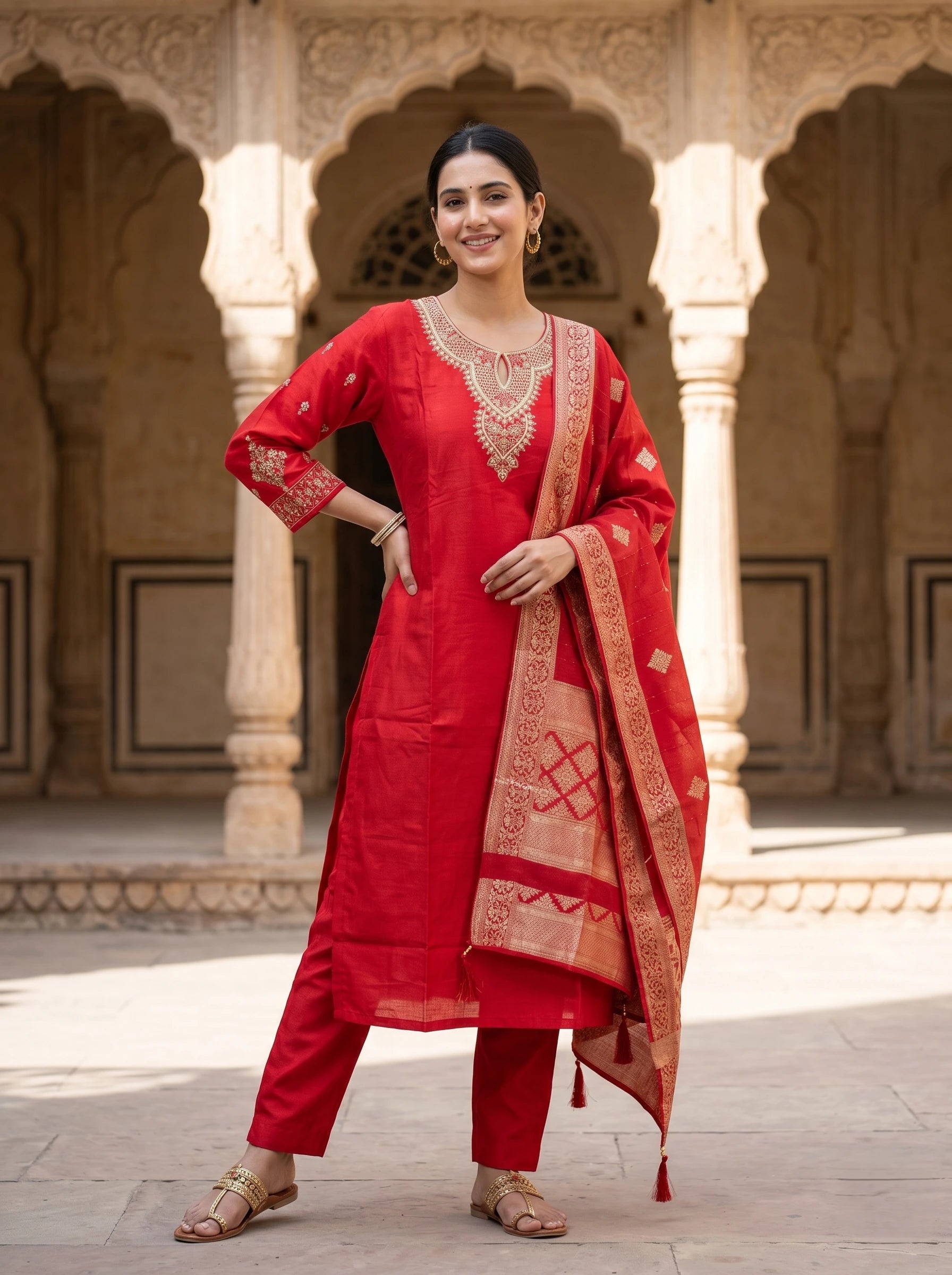 JASHAN RED HAND WORK BANARSI DUPATTA SUIT SET