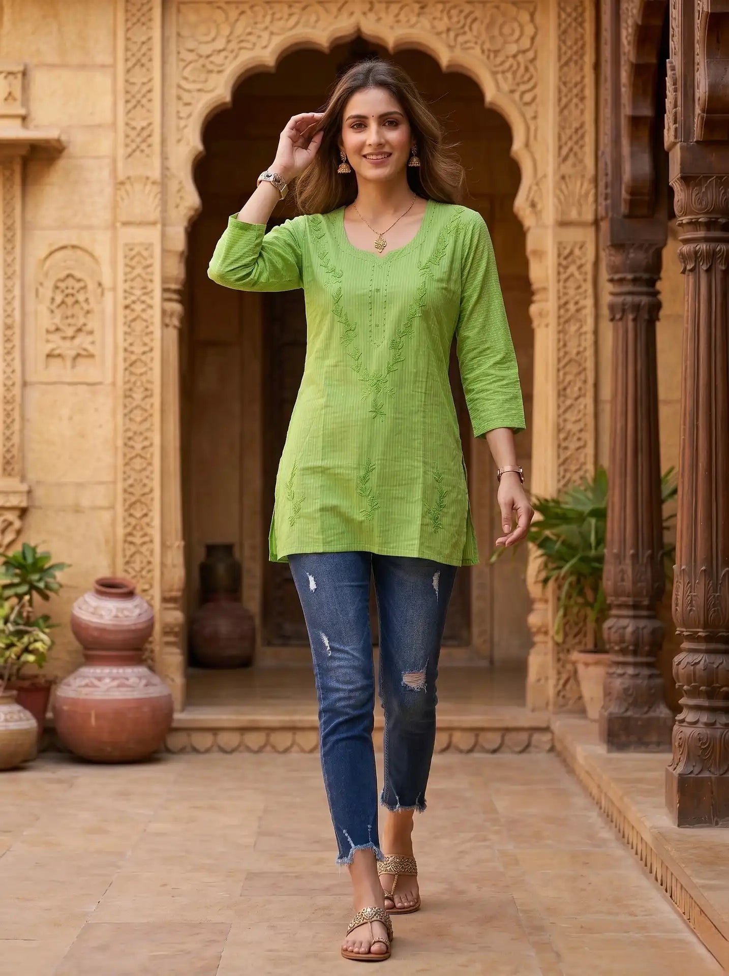 PISTACHIO GREEN EMBROIDERED  KURTI
