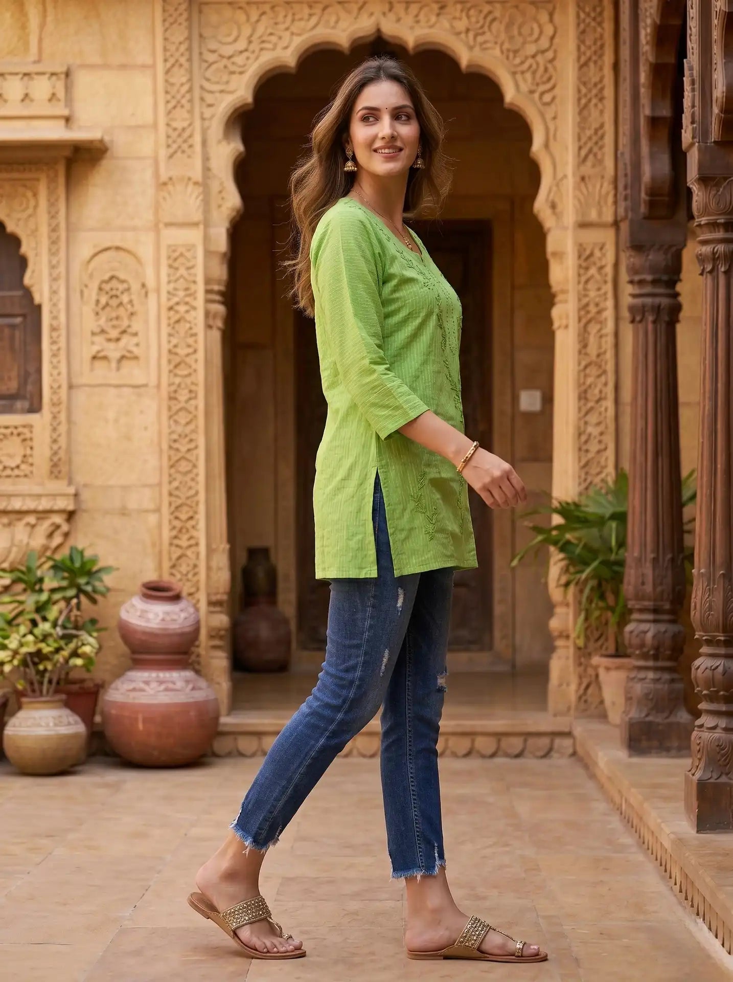 PISTACHIO GREEN EMBROIDERED  KURTI