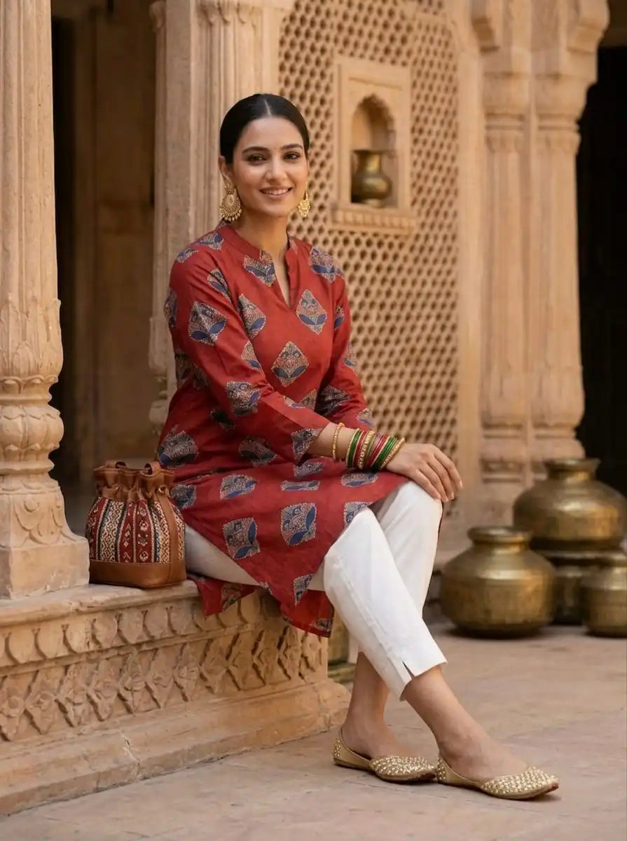 COPPER BLOCK PRINT KANTHA WORK KURTI