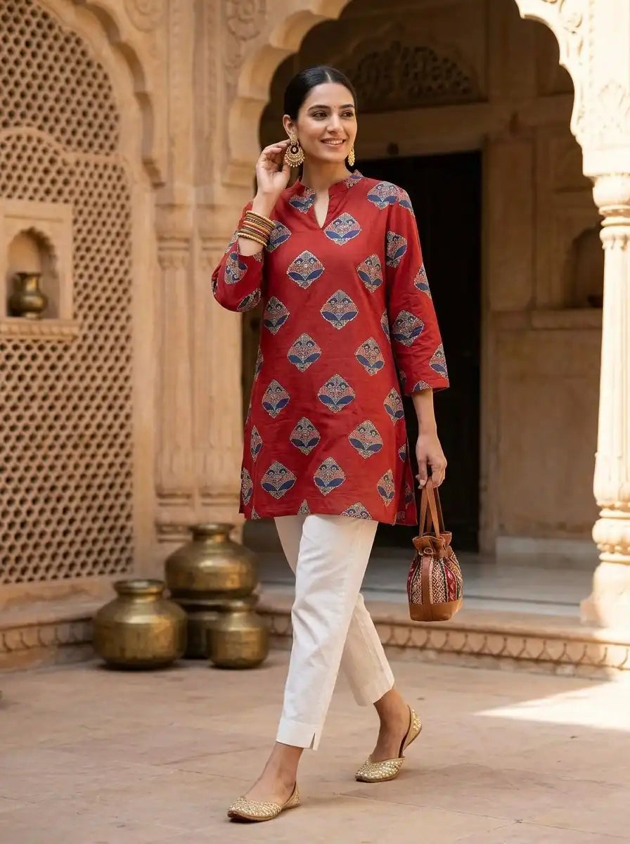 COPPER BLOCK PRINT KANTHA WORK KURTI