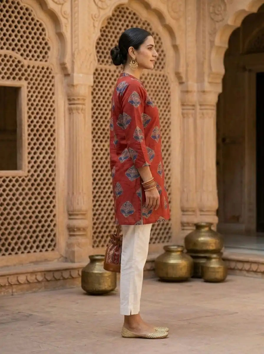 COPPER BLOCK PRINT KANTHA WORK KURTI