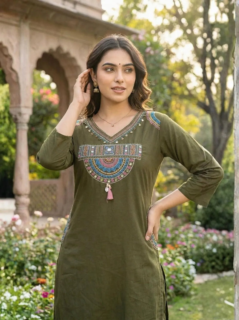 OLIVE GREEN ETHNIC SUIT SET