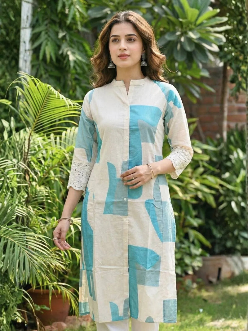 OCEAN HUES PRINTED PURE COTTON LONG  KURTI