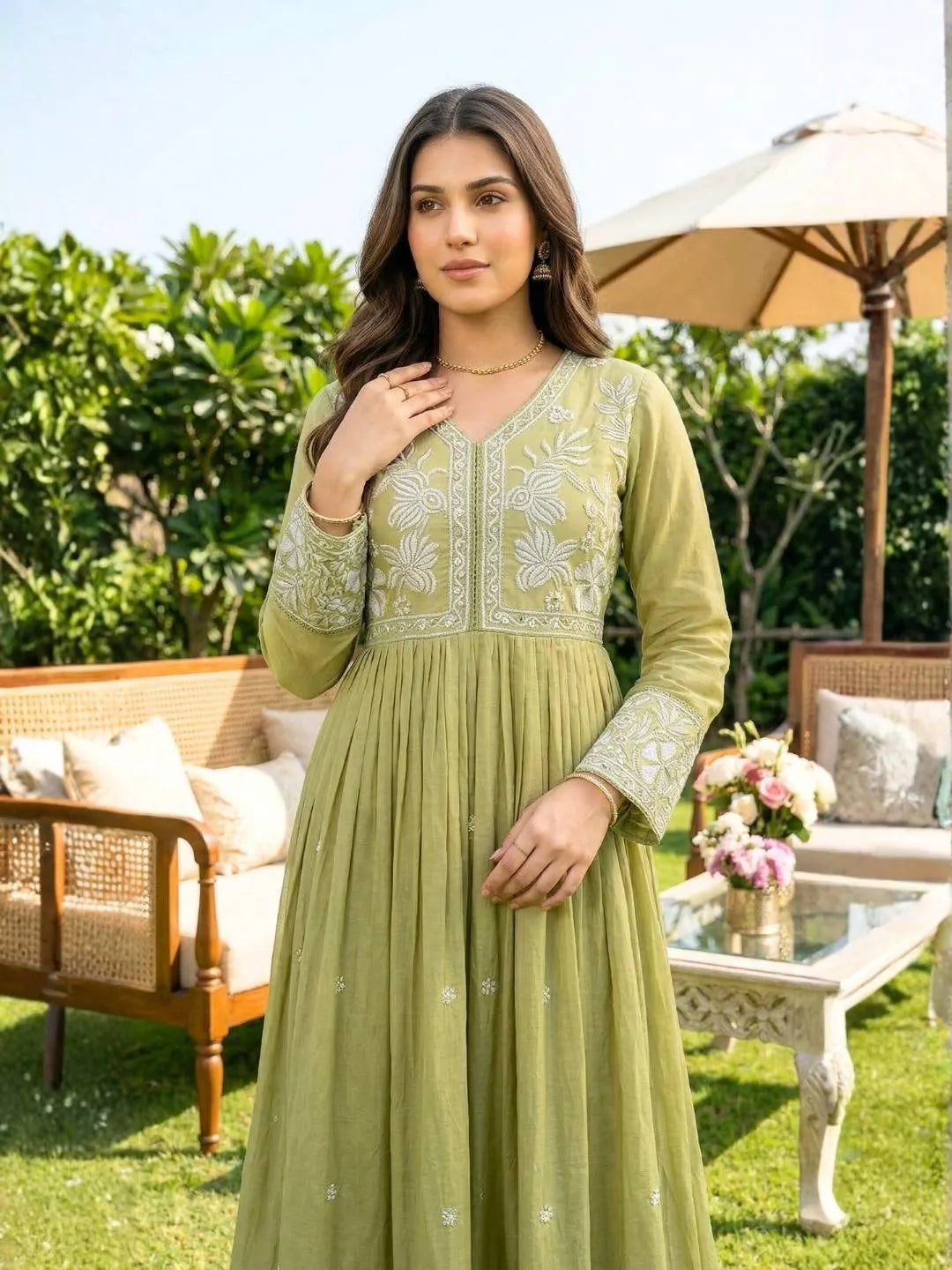 OLIVE BLOOM EMBROIDERED ANARKALI SUIT SET